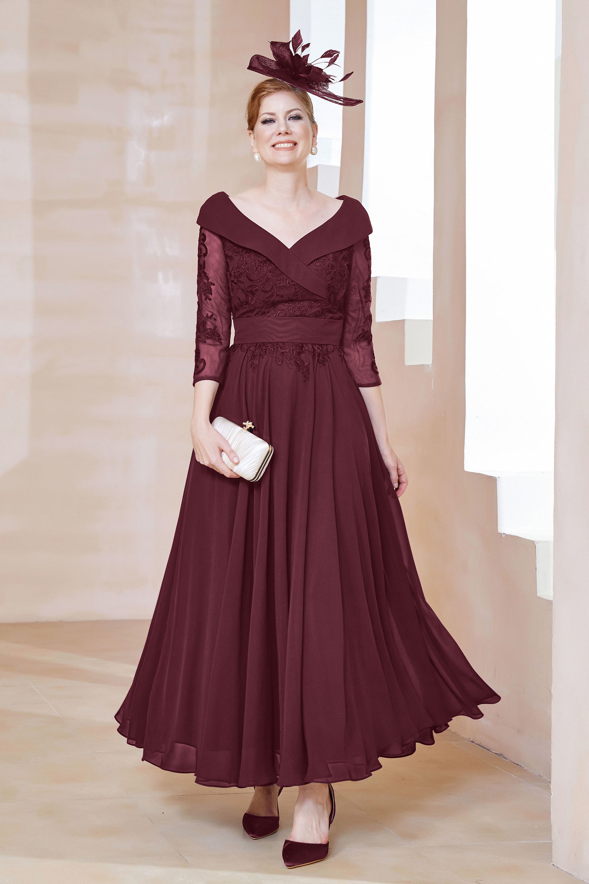 Duntery Mother of the Bride Dress V-neck A-Line Sash Chiffon Tea-Length Dress, Plum Duntery Mother of the Bride Dress V-neck A-Line Sash Chiffon Tea-Length Dress, Plum