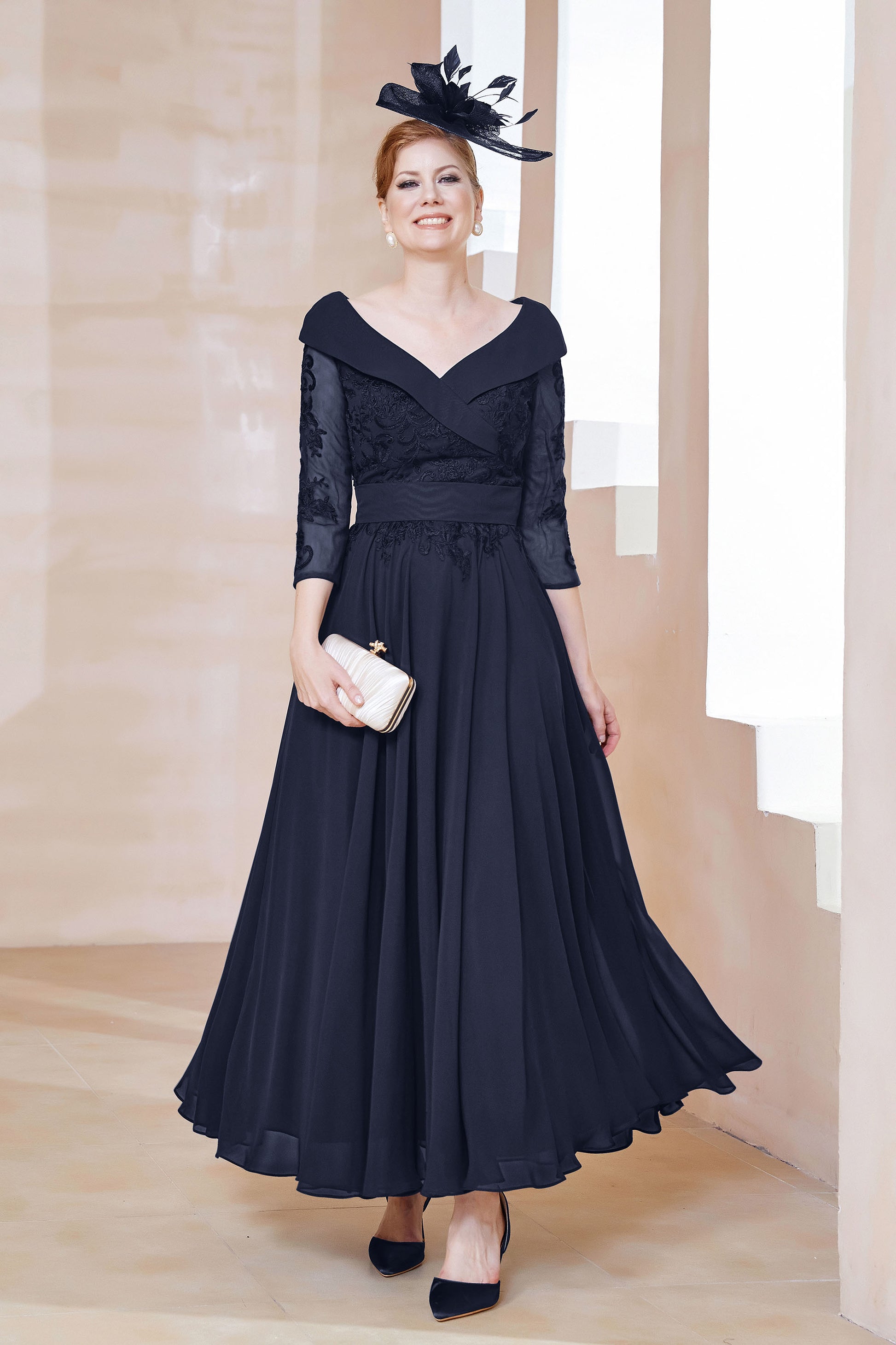 V-neck A-Line Sash Chiffon Tea-Length Dress DUNTERY UK V-neck A-Line Sash Chiffon Tea-Length Dress DUNTERY UK