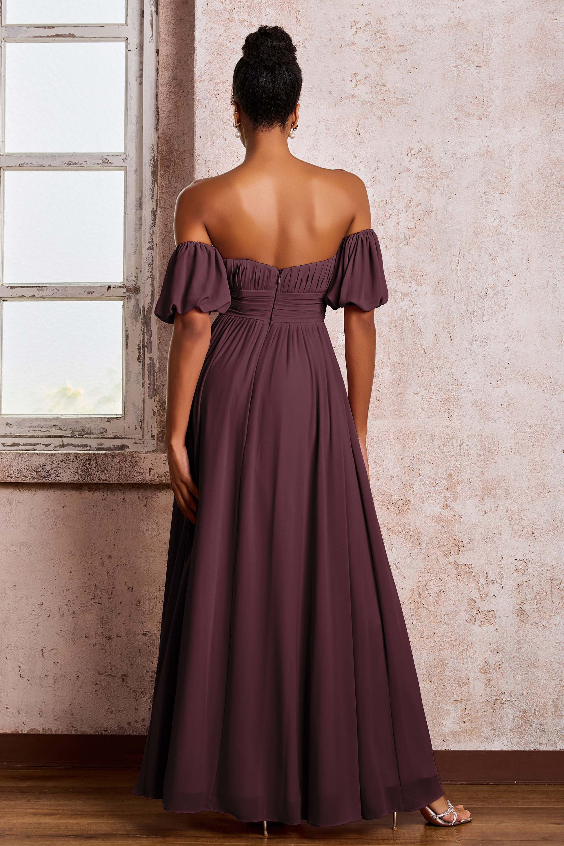 Straight Across Pleated Chiffon Long Dresses With Slit DUNTERY UK Straight Across Pleated Chiffon Long Dresses With Slit DUNTERY UK