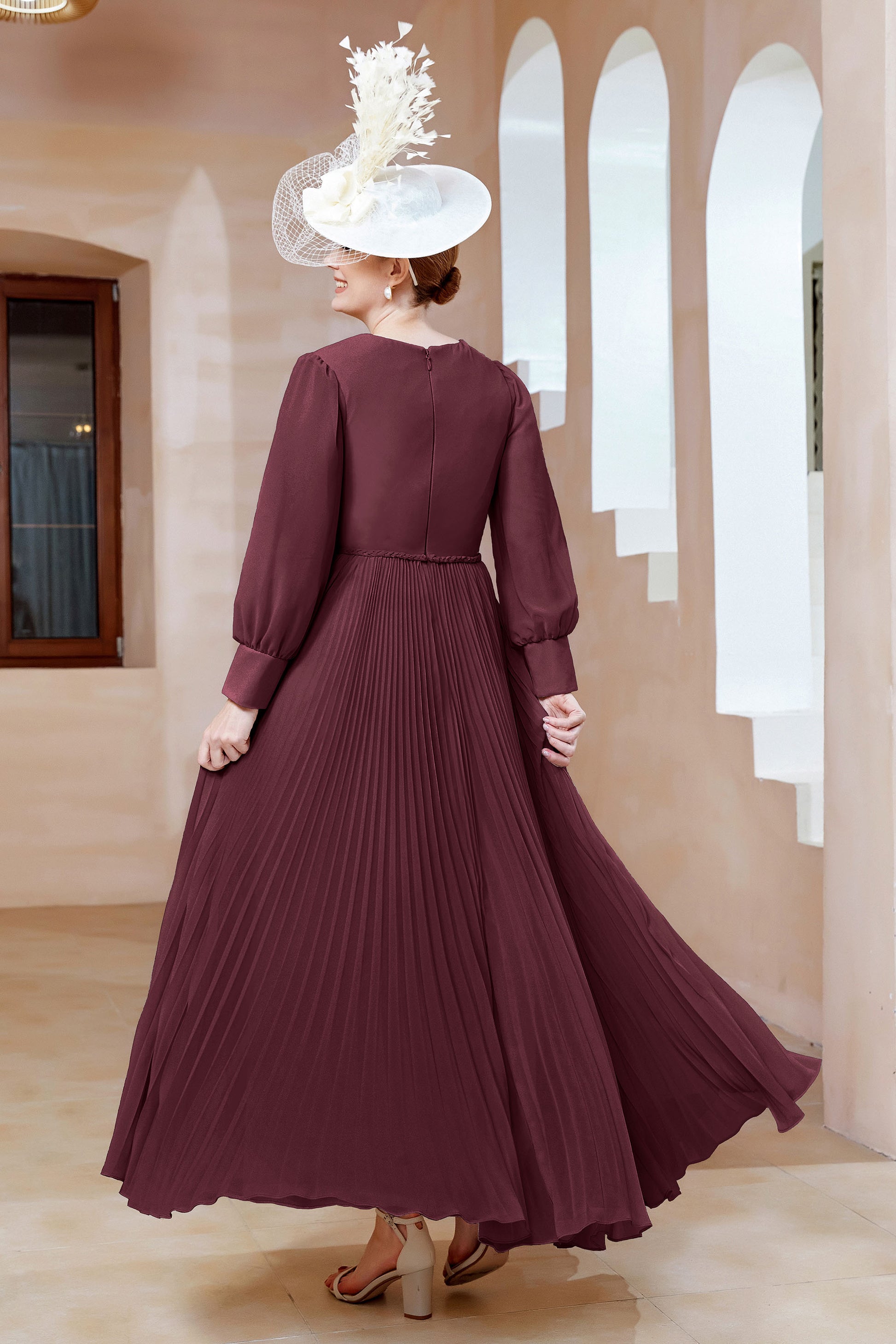 V-neck Long Sleeves Pleated A-Line Floor-Length Chiffon Dress DUNTERY UK V-neck Long Sleeves Pleated A-Line Floor-Length Chiffon Dress DUNTERY UK
