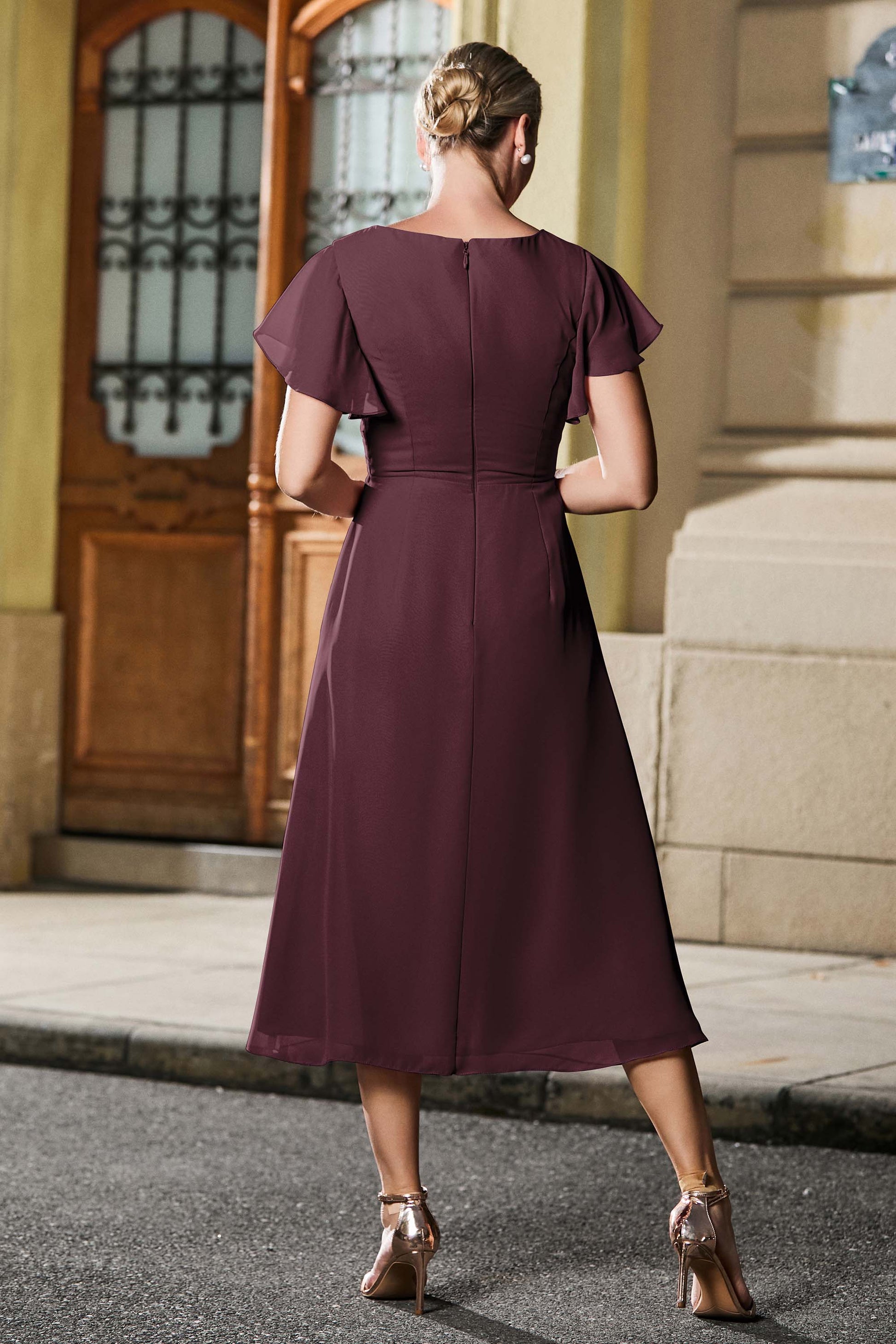 Flutter Sleeves Pleated Chiffon Tea-Length Dress – DUNTERY UK