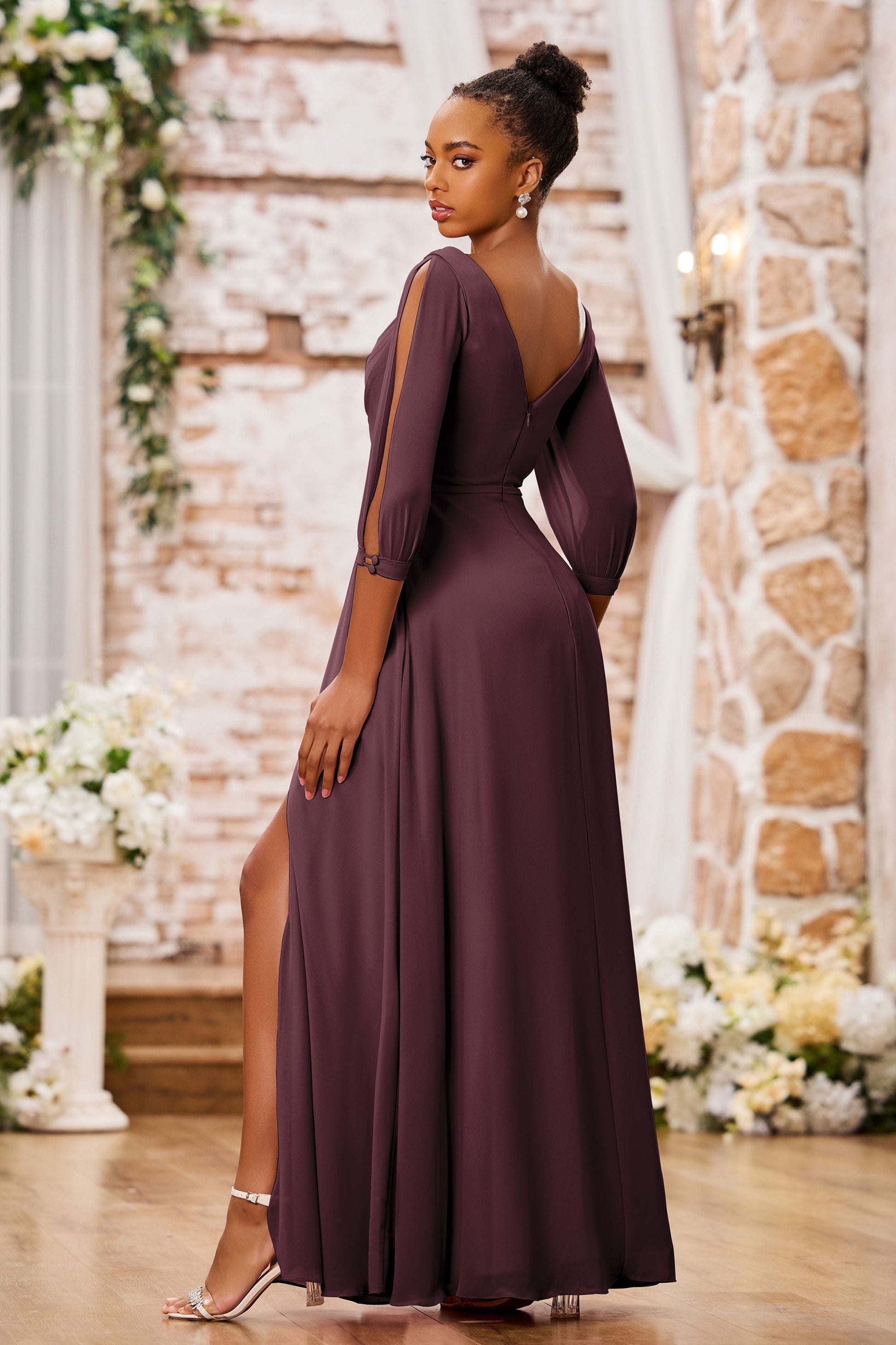 3/4 Sleeves V-neck Chiffon Long Dresses With Slit DUNTERY UK 3/4 Sleeves V-neck Chiffon Long Dresses With Slit DUNTERY UK