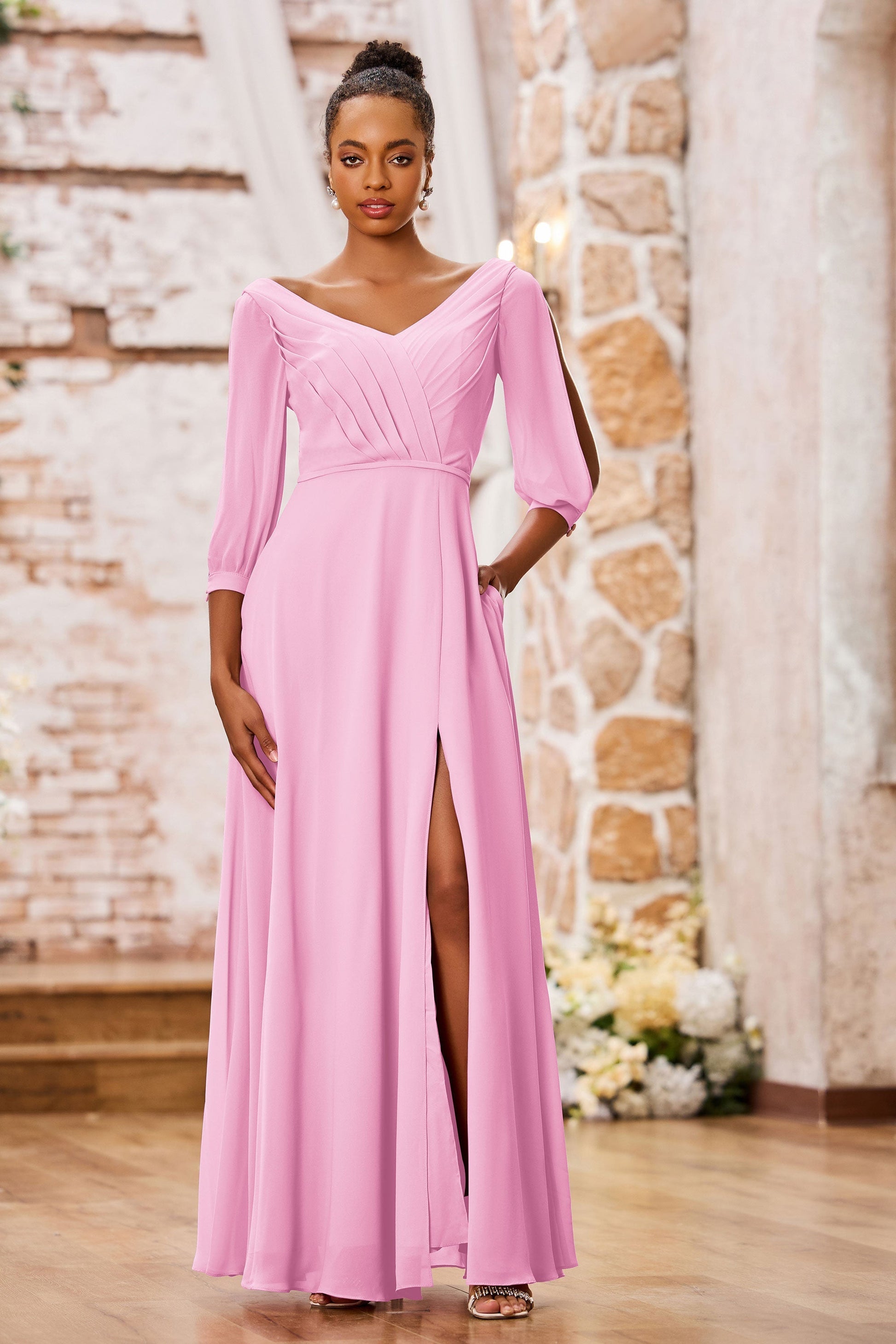 Hot Pink Long Sleeve Dress Jemma Elegant V Neck Long Sleeves Floor Length Chiffon Bridesmaid Dresses, Hot Pink Long Sleeve Dress Jemma Elegant V Neck Long Sleeves Floor Length Chiffon Bridesmaid Dresses,