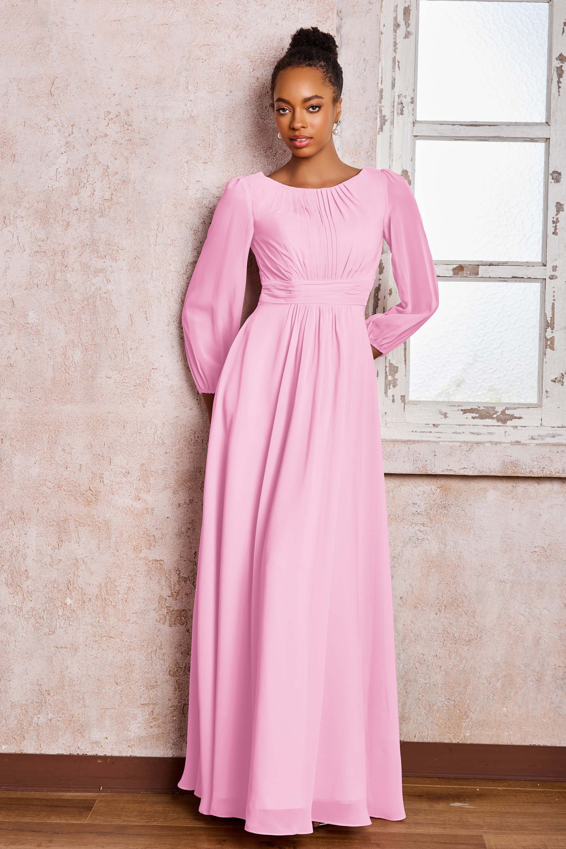 Long Sleeves Pleated Chiffon A-Line Long Dresses DUNTERY UK Long Sleeves Pleated Chiffon A-Line Long Dresses DUNTERY UK