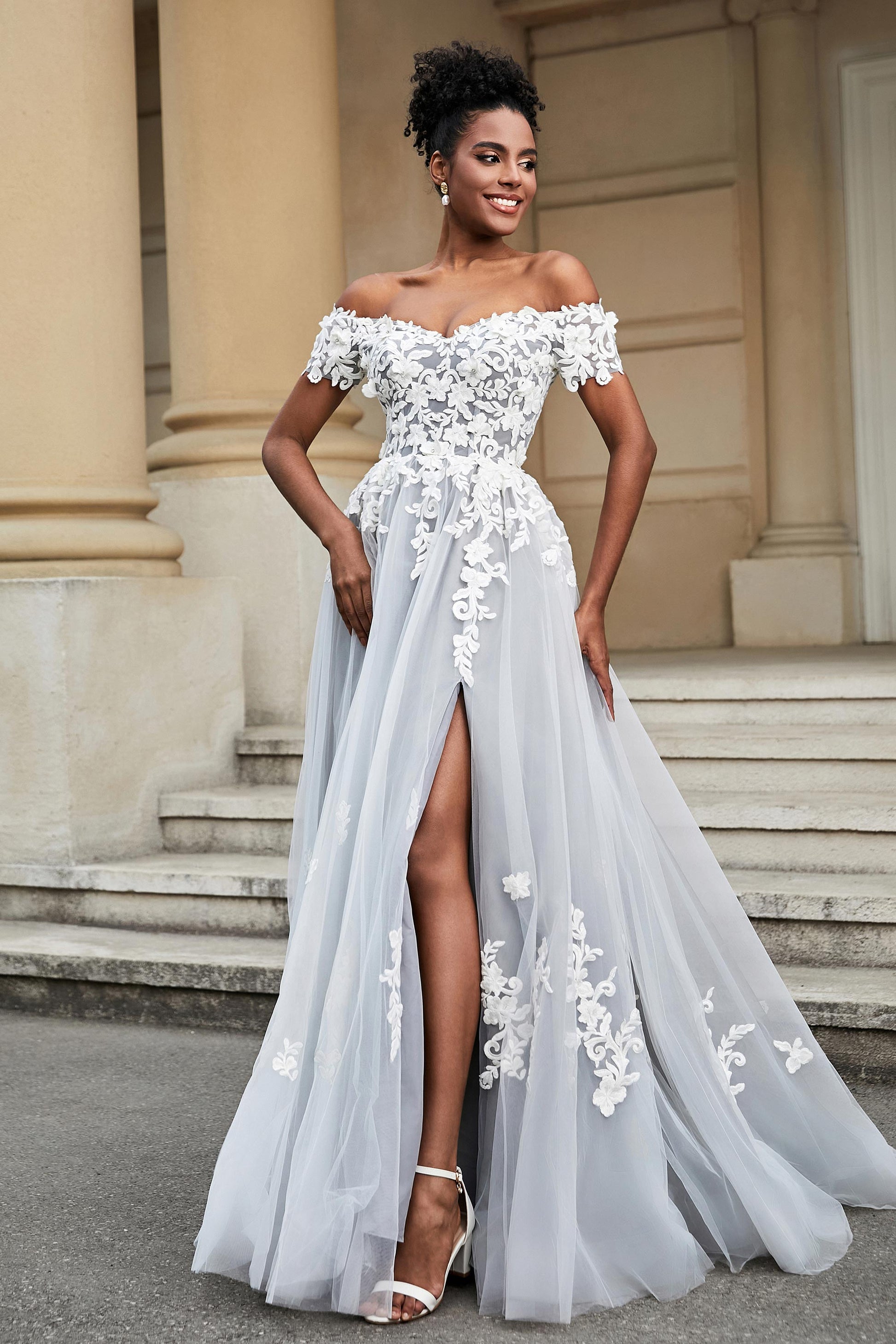 Off-the-Shoulder A-Line Sweep Train Wedding Dress With Slit