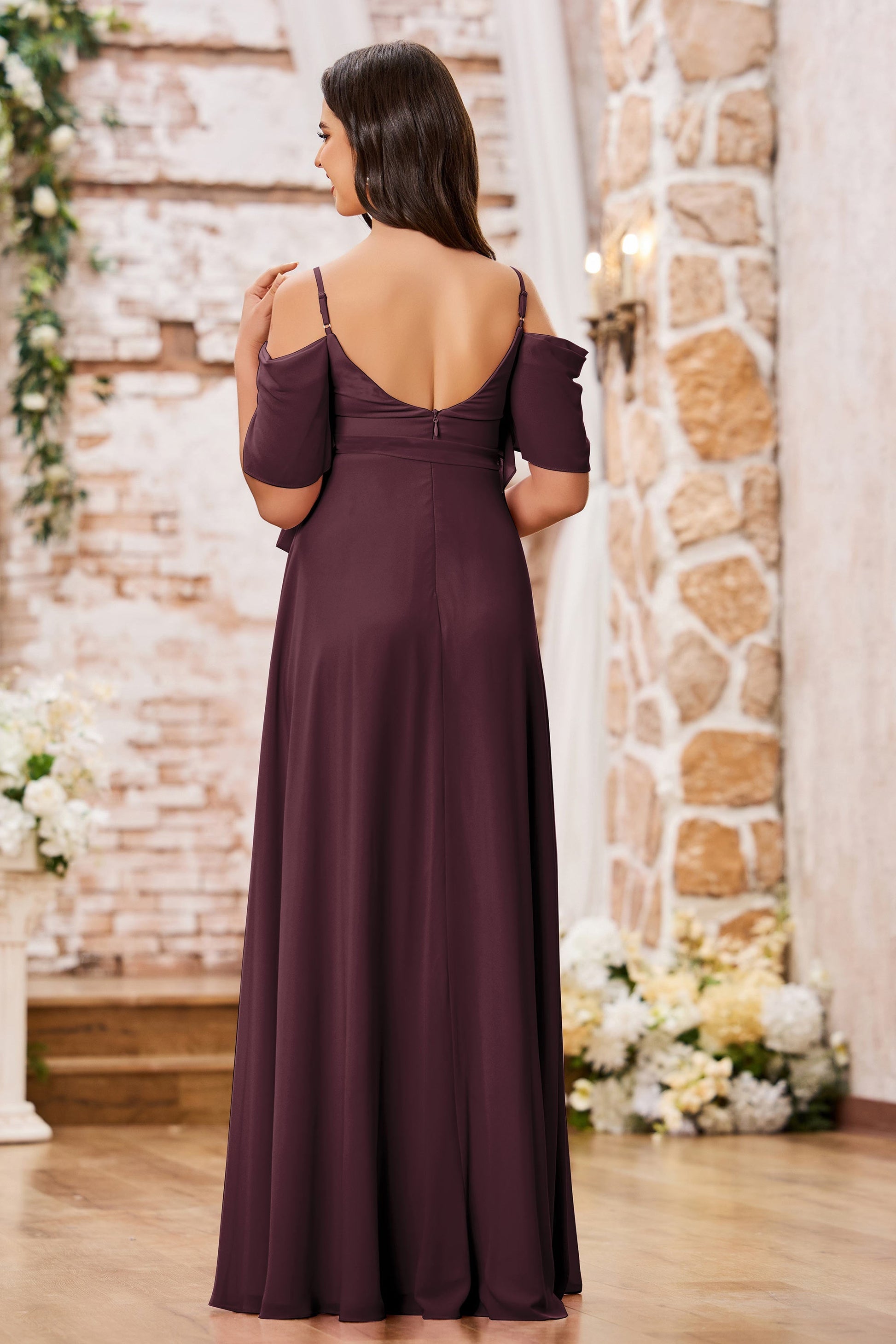 Duntery Off-the-Shoulder Empire Maternity Dresses With Slit, Watermelon Duntery Off-the-Shoulder Empire Maternity Dresses With Slit, Watermelon