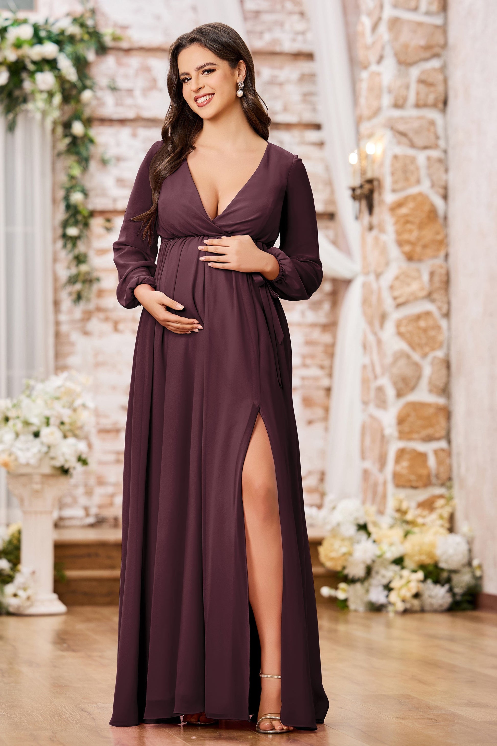 Long Sleeves Empire Chiffon Maternity Dresses With Slit DUNTERY UK Long Sleeves Empire Chiffon Maternity Dresses With Slit DUNTERY UK