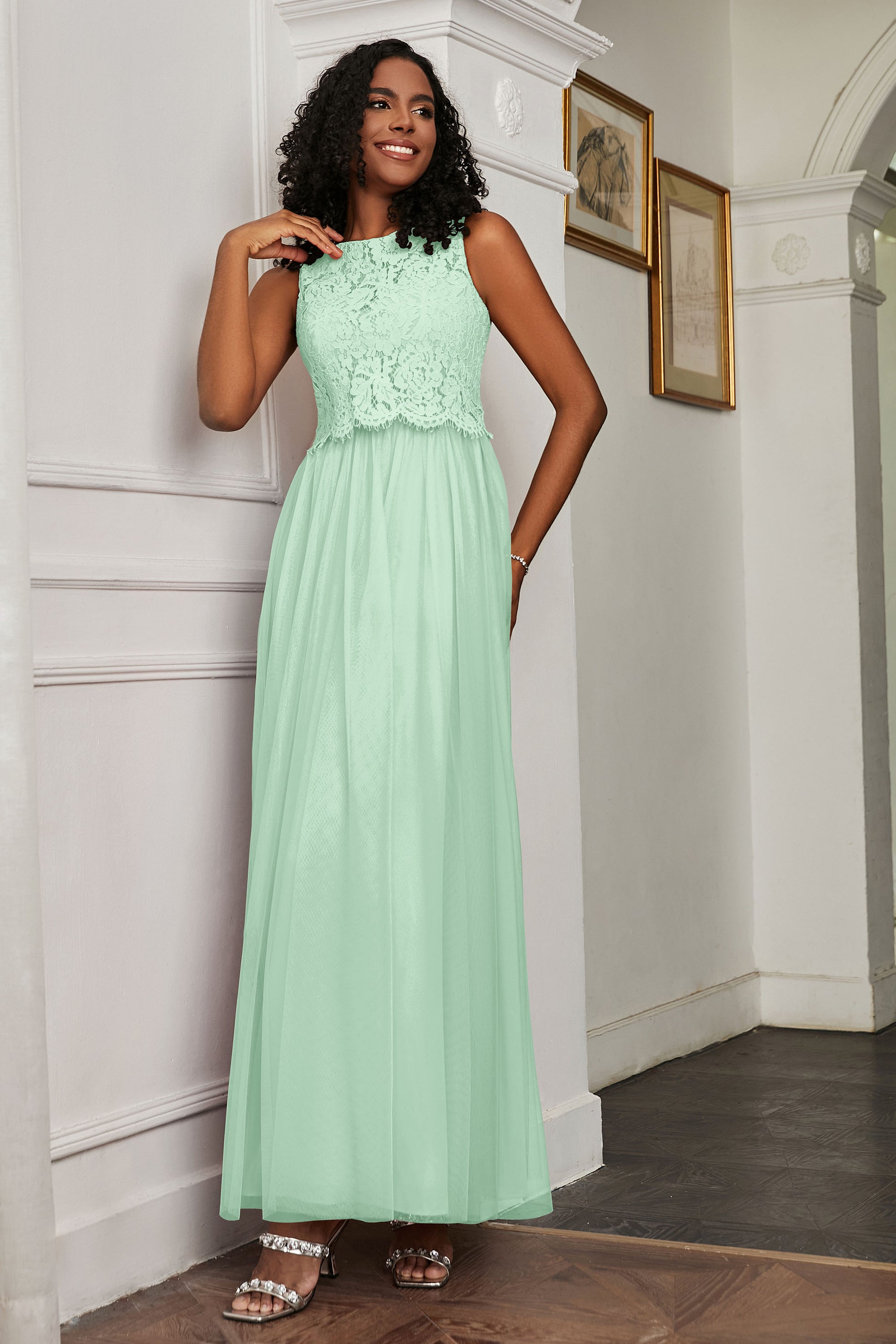 Jewel Neckline Sleeveless A-Line Tulle Floor-Length Dress DUNTERY UK Jewel Neckline Sleeveless A-Line Tulle Floor-Length Dress DUNTERY UK