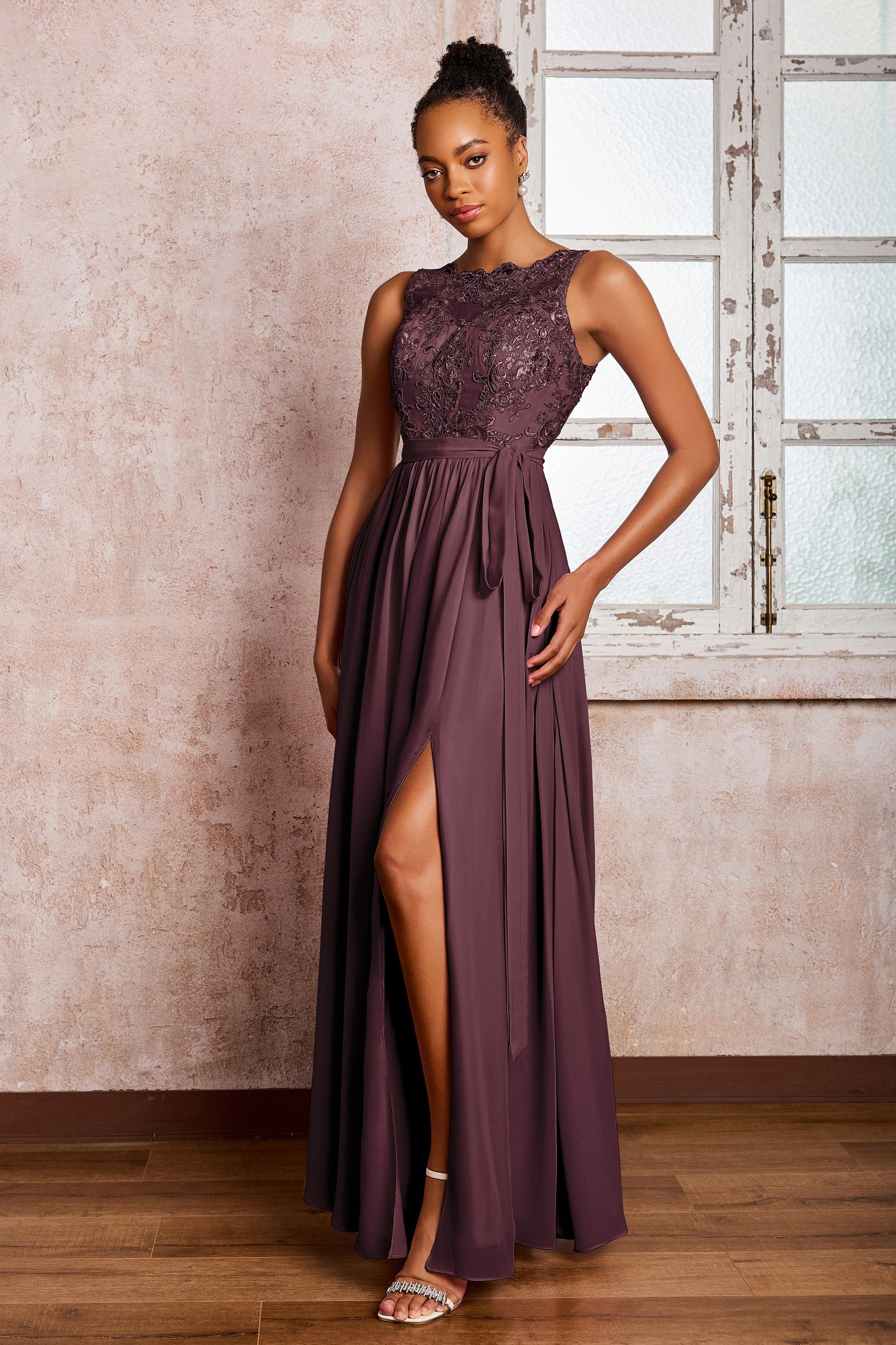 Lace Top Chiffon A-Line Maxi Dresses With Slit DUNTERY UK Lace Top Chiffon A-Line Maxi Dresses With Slit DUNTERY UK
