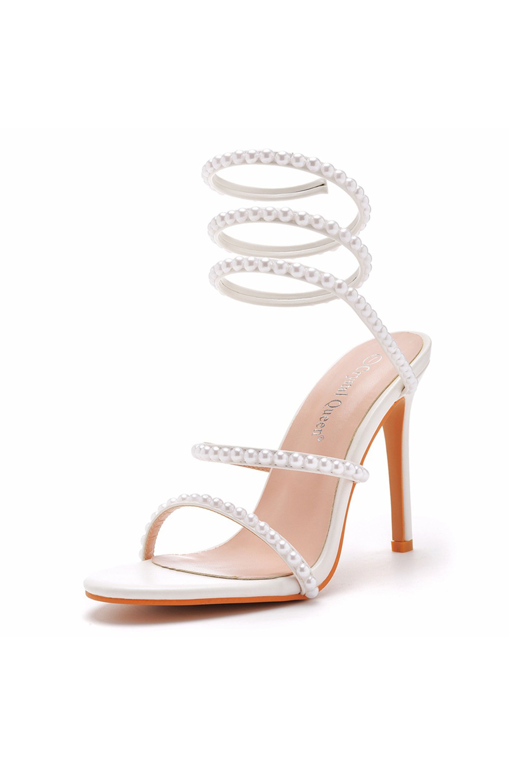 Chic White Pearls Thin Strap Ankle Wrap Strap Open Toe Ultra High
