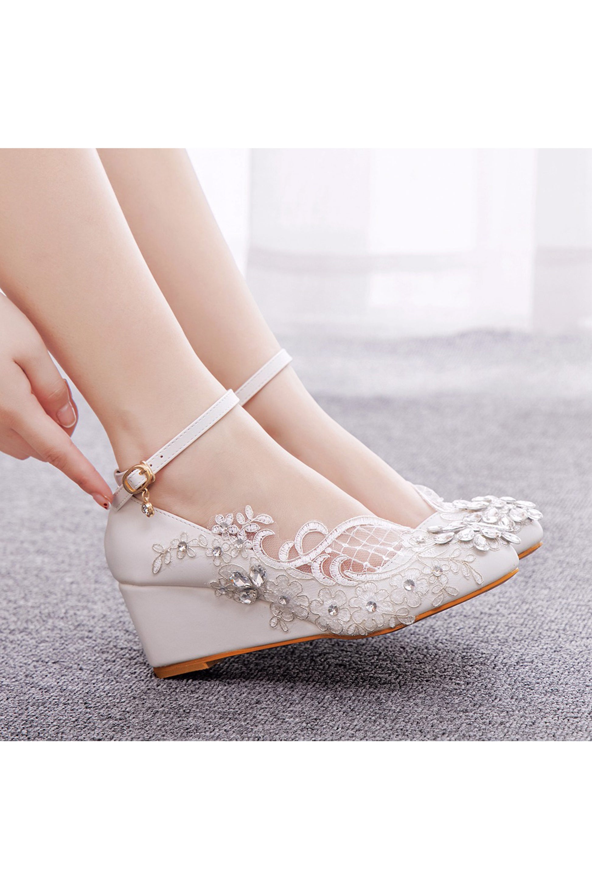 Lace White Satin Wedge Shoes Wedding Shoes Block Heel Closed Toe