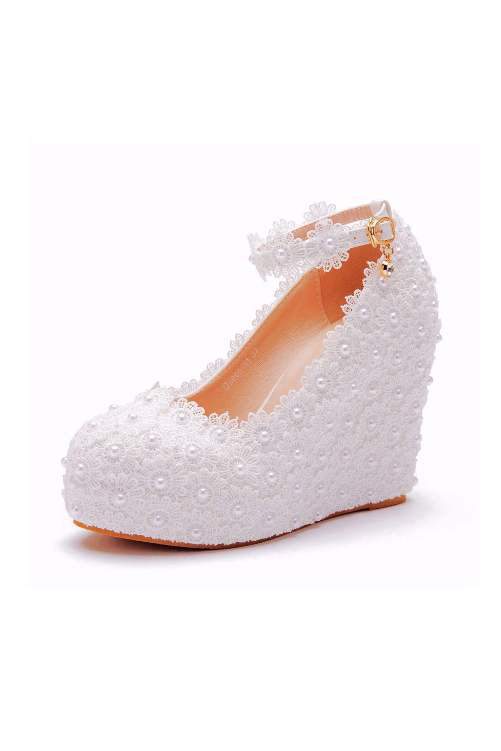 Lace Wedge Heels Wedding Buckle Shoes – DUNTERY UK
