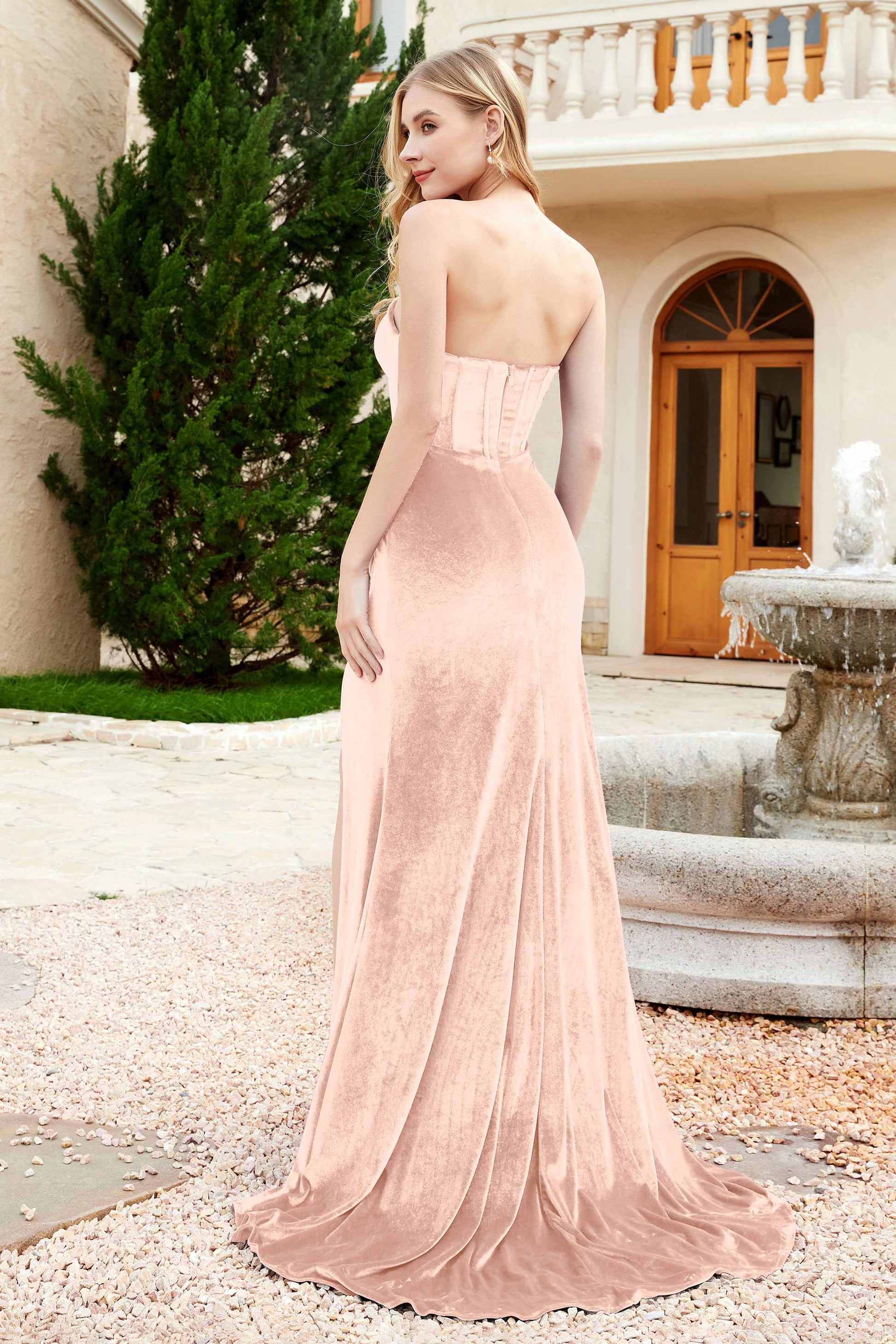 Strapless Pleated Mermaid Velvet Sweep Train Dress With Slit