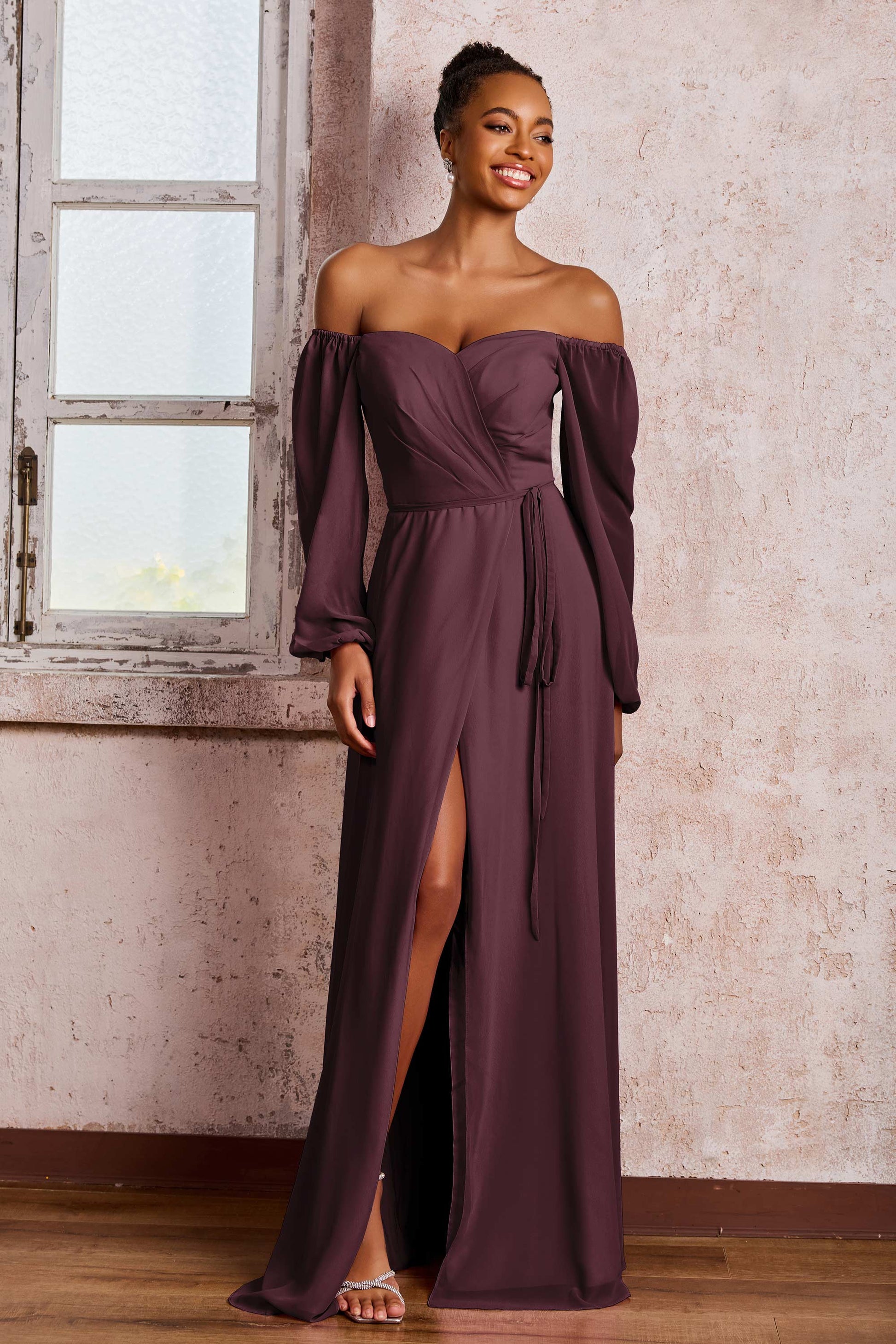 Off Shoulder Long Sleeves Chiffon Long Slit Dresses DUNTERY UK Off Shoulder Long Sleeves Chiffon Long Slit Dresses DUNTERY UK
