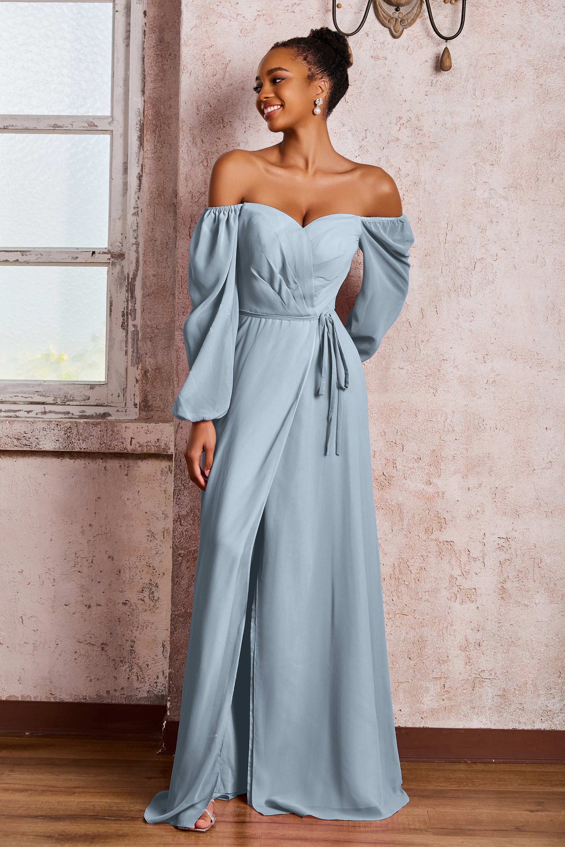 Off Shoulder Long Sleeves Chiffon Long Slit Dresses DUNTERY UK Off Shoulder Long Sleeves Chiffon Long Slit Dresses DUNTERY UK