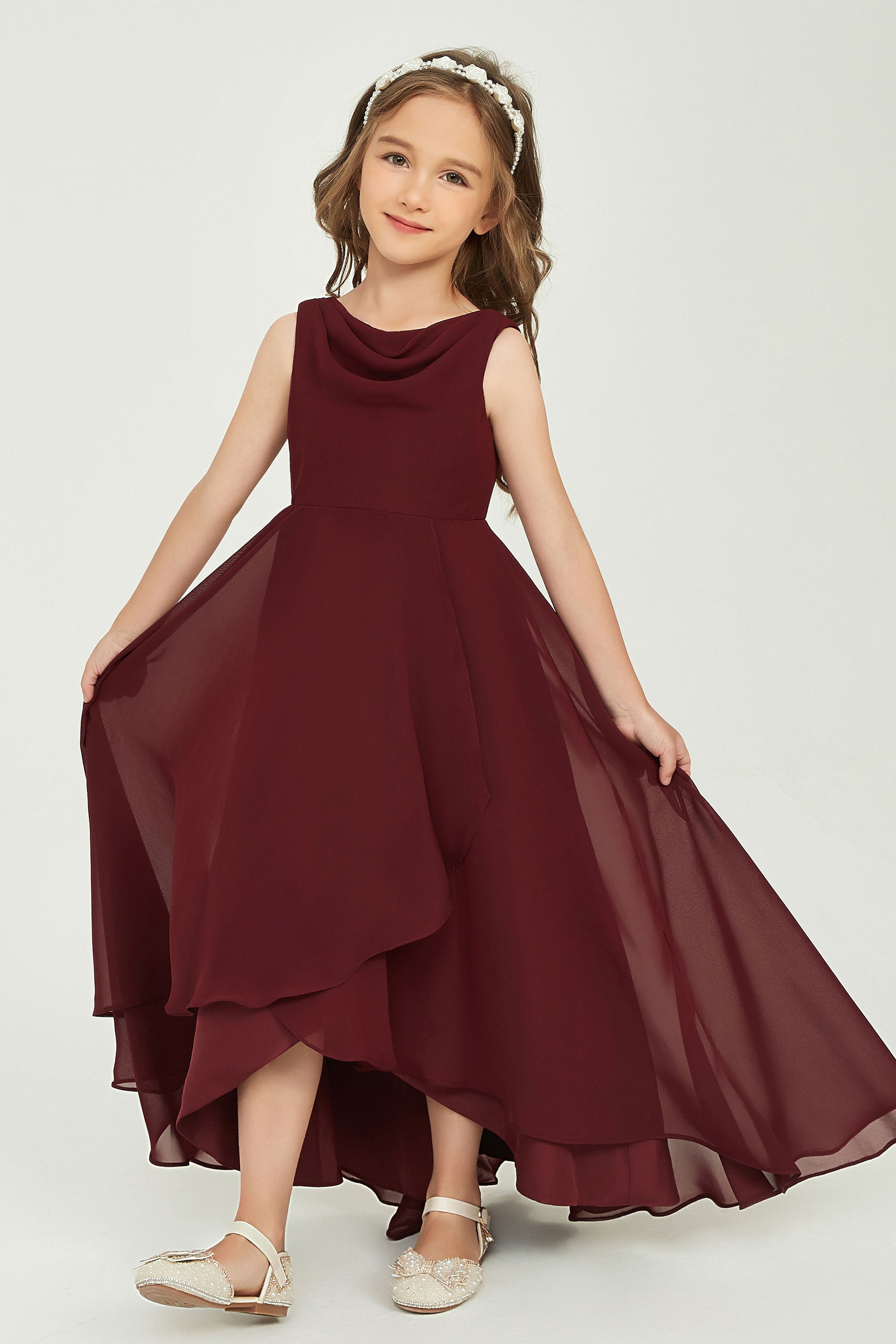 Cowl Neck Asymmetrical Chiffon Long Junior Bridesmaid Dress