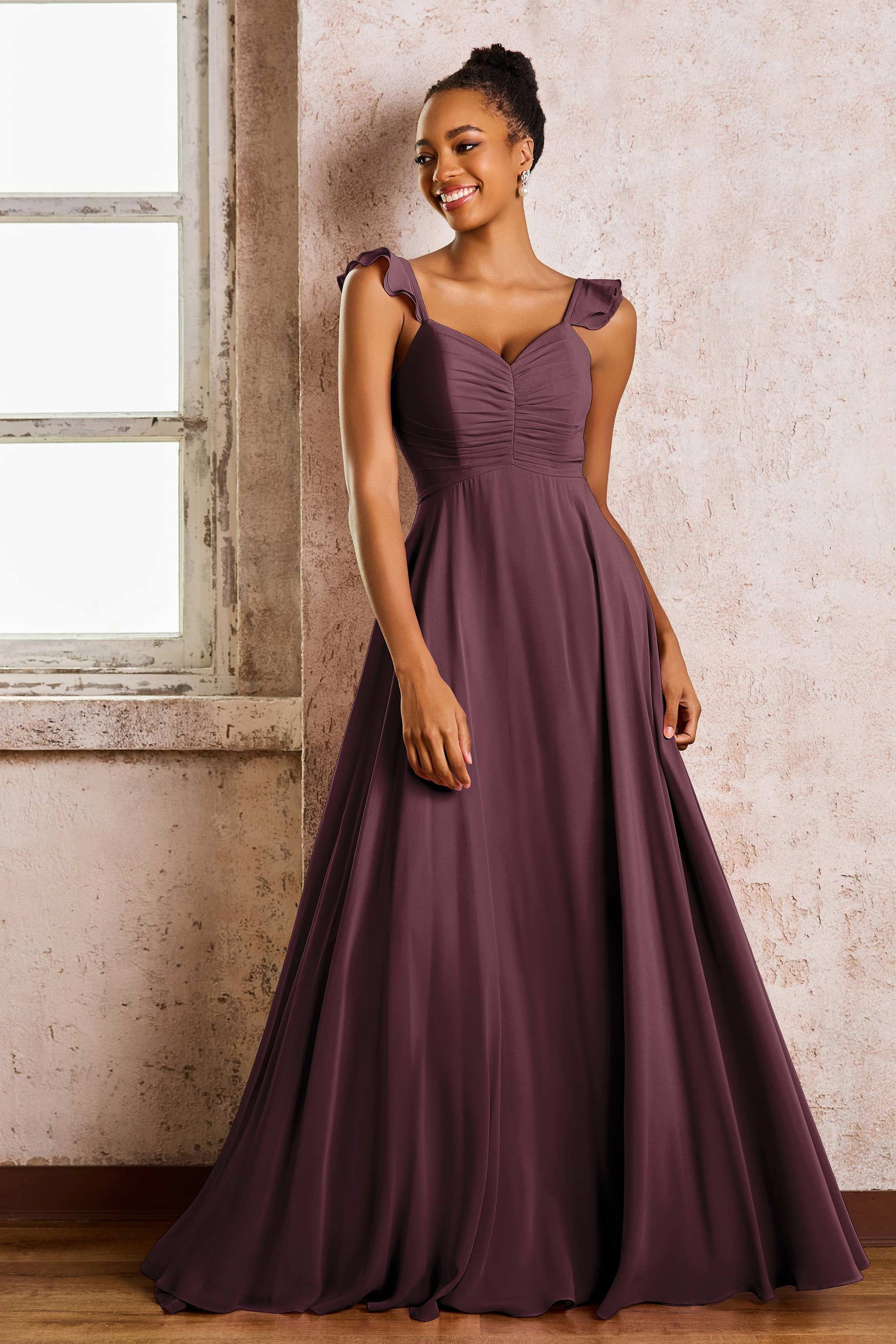 Duntery Pleated V-neck Chiffon A-Line Maxi Dresses, Ocean-Blue Duntery Pleated V-neck Chiffon A-Line Maxi Dresses, Ocean-Blue