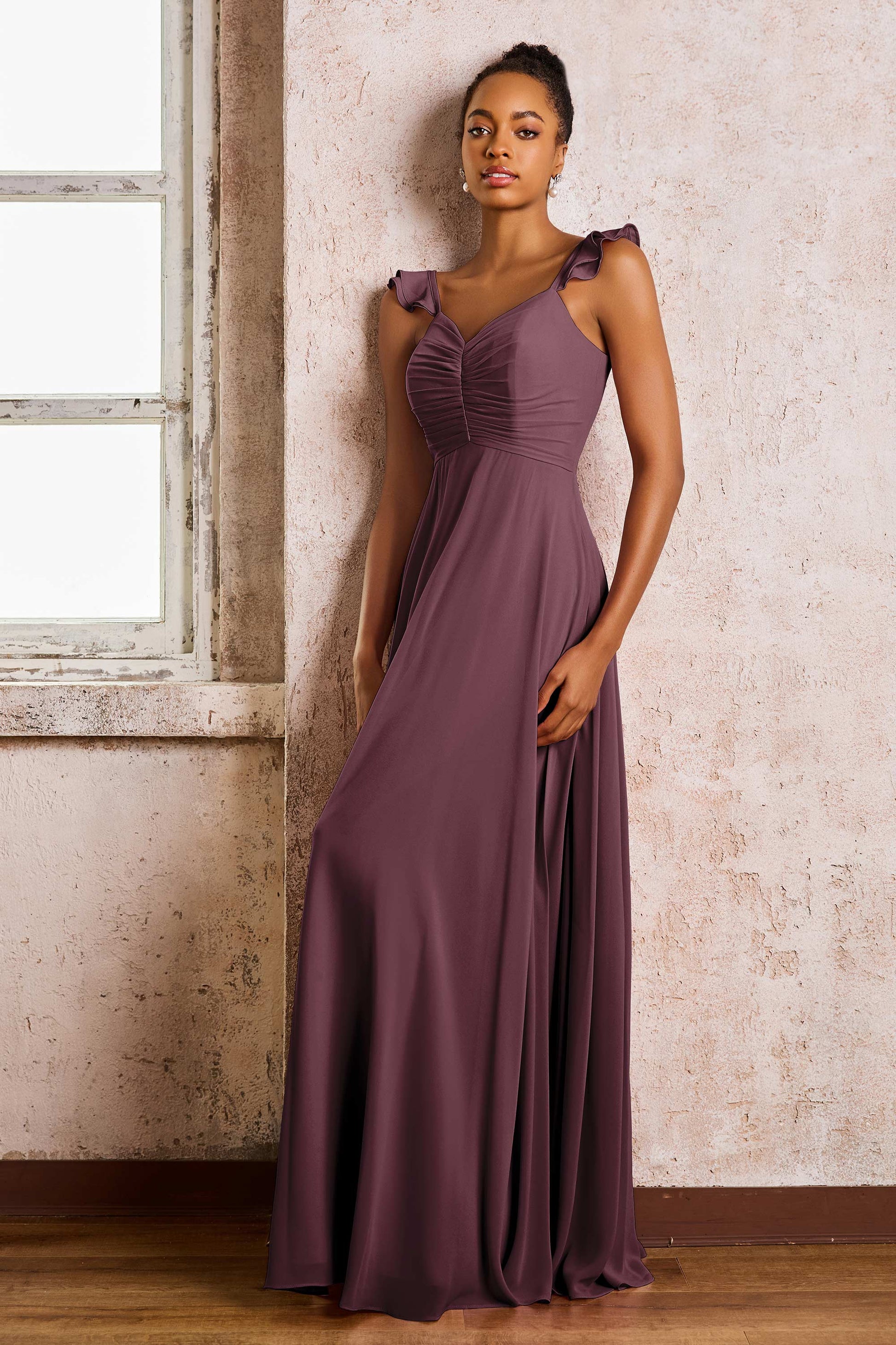 V-neck Flutter Sleeves Chiffon A-Line Long Dresses DUNTERY UK V-neck Flutter Sleeves Chiffon A-Line Long Dresses DUNTERY UK