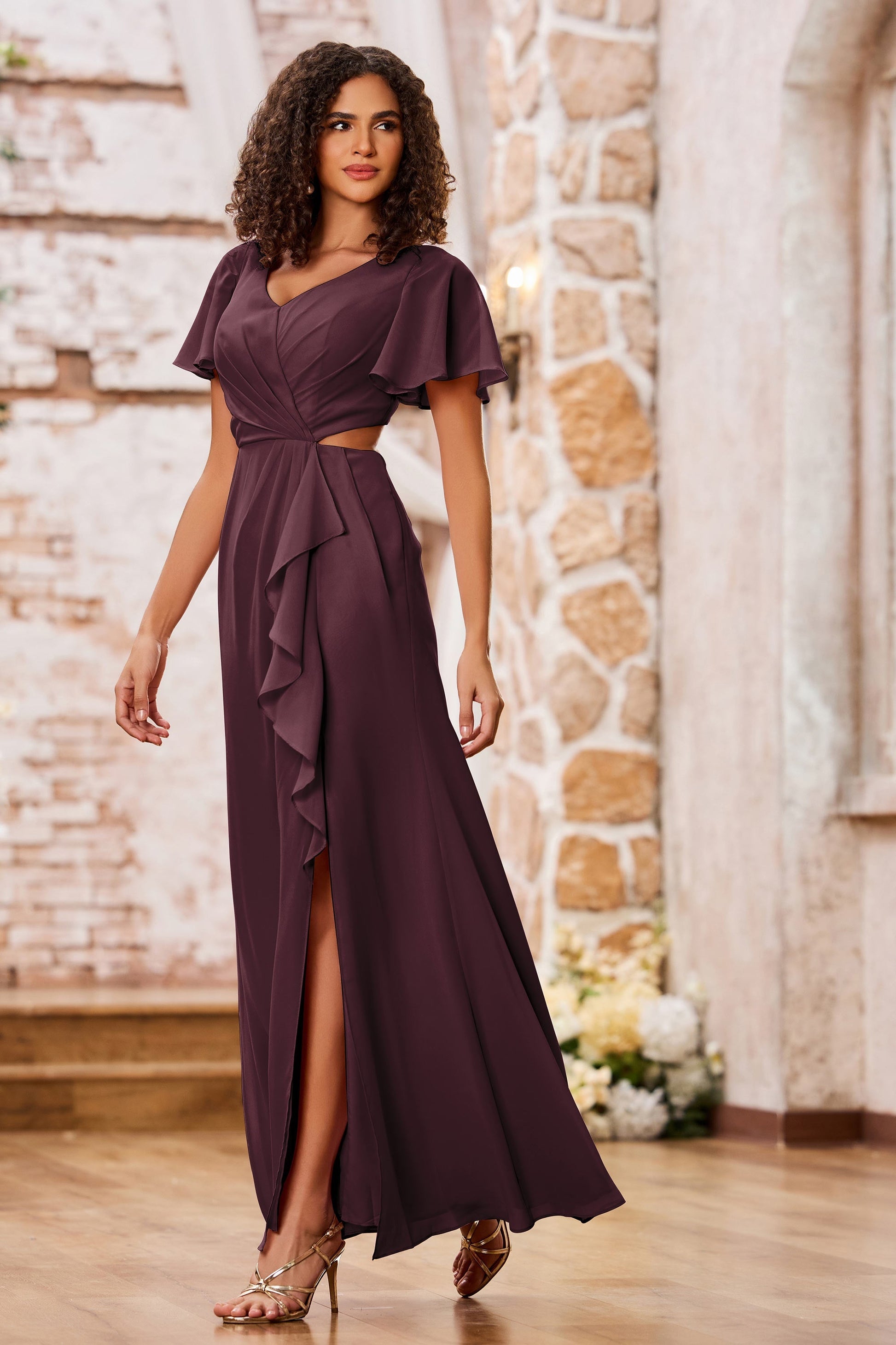 Ruffles Flutter Sleeves Chiffon Dresses With Slit DUNTERY UK Ruffles Flutter Sleeves Chiffon Dresses With Slit DUNTERY UK