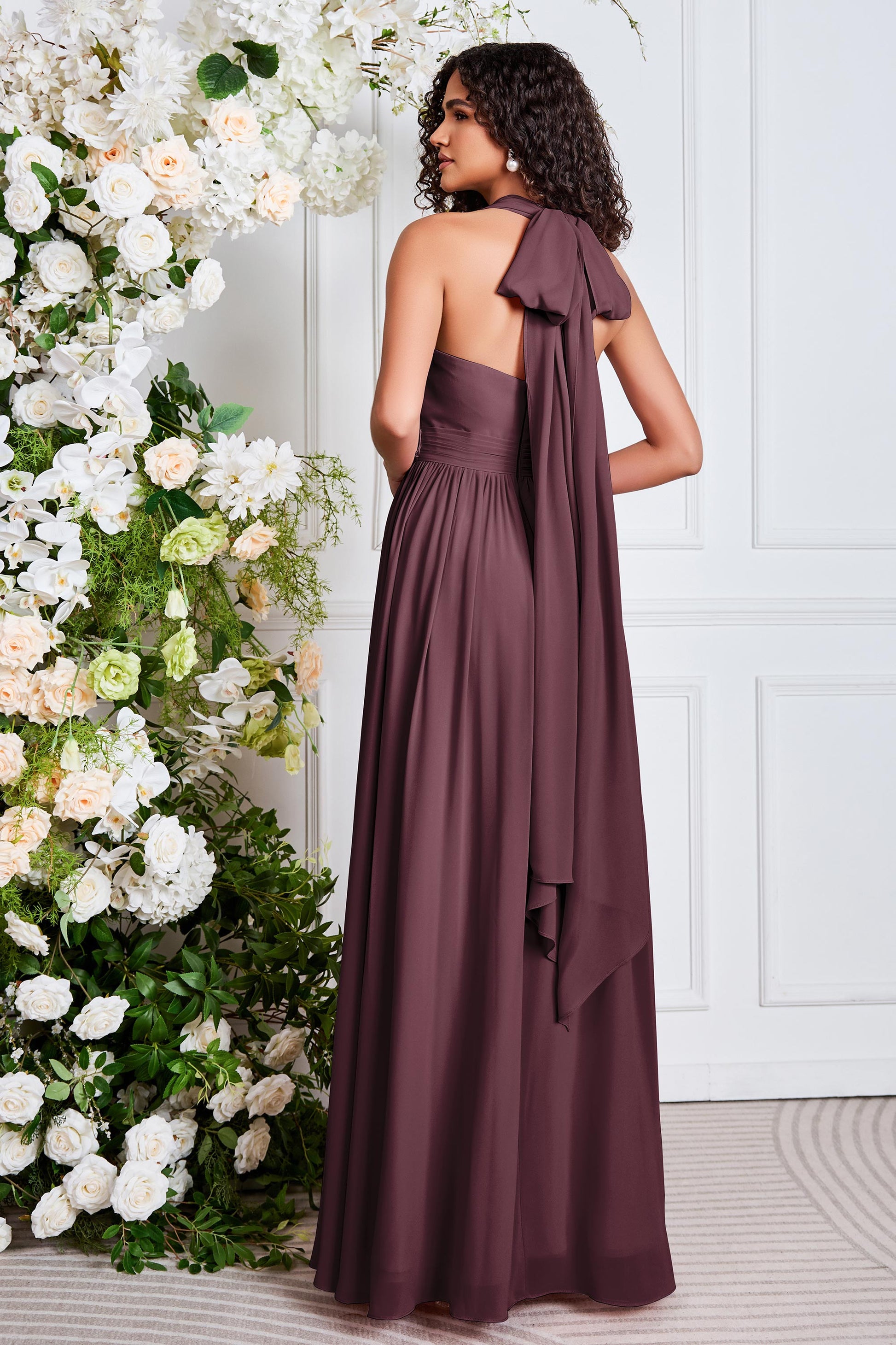 Duntery Bridesmaid Dress Sleeveless Chiffon Long Dress With Bowknot, Grape Duntery Bridesmaid Dress Sleeveless Chiffon Long Dress With Bowknot, Grape