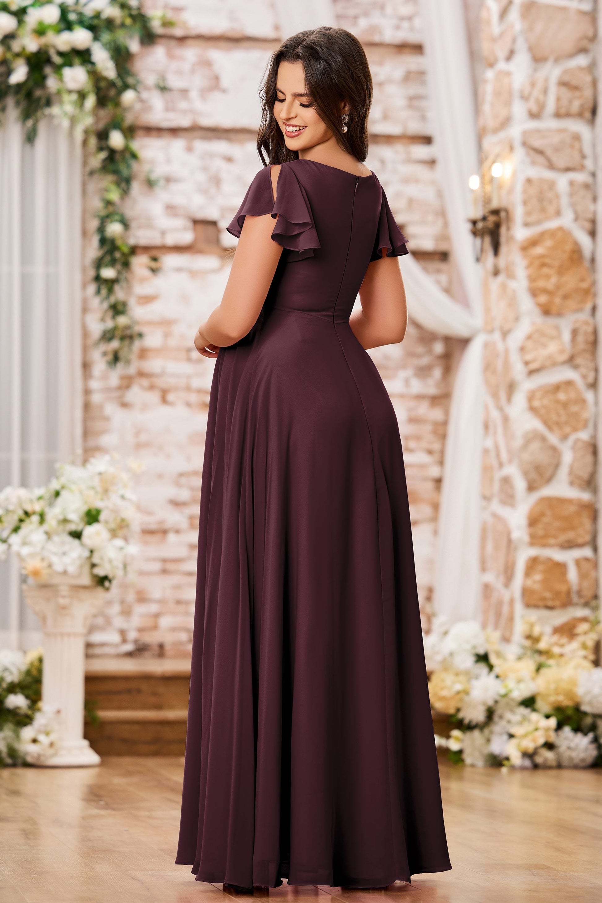 Duntery Flutter Sleeves Empire Chiffon Maternity Dresses, Dusty-Blue Duntery Flutter Sleeves Empire Chiffon Maternity Dresses, Dusty-Blue