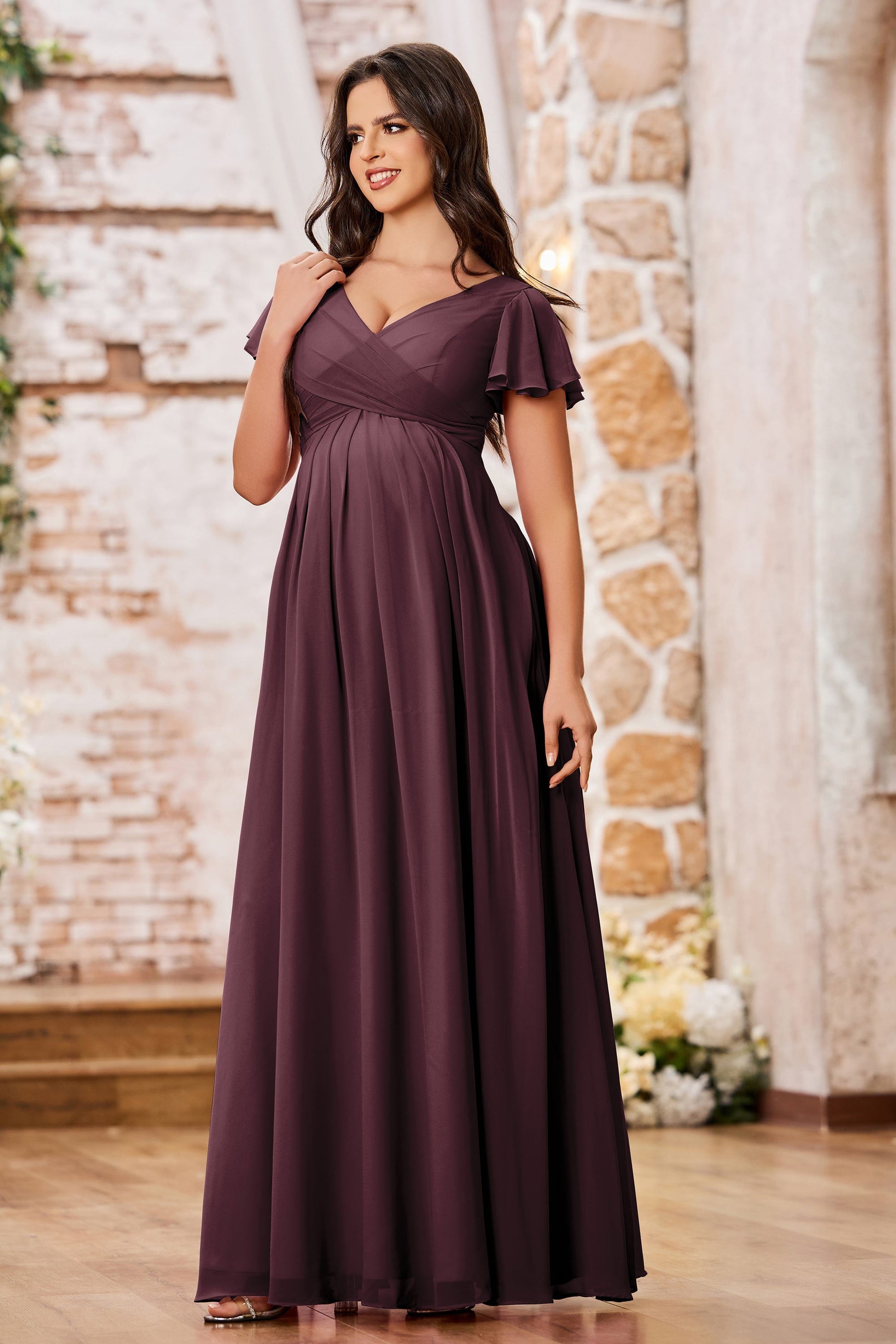 Duntery Flutter Sleeves Empire Chiffon Maternity Dresses, Dusty-Blue Duntery Flutter Sleeves Empire Chiffon Maternity Dresses, Dusty-Blue