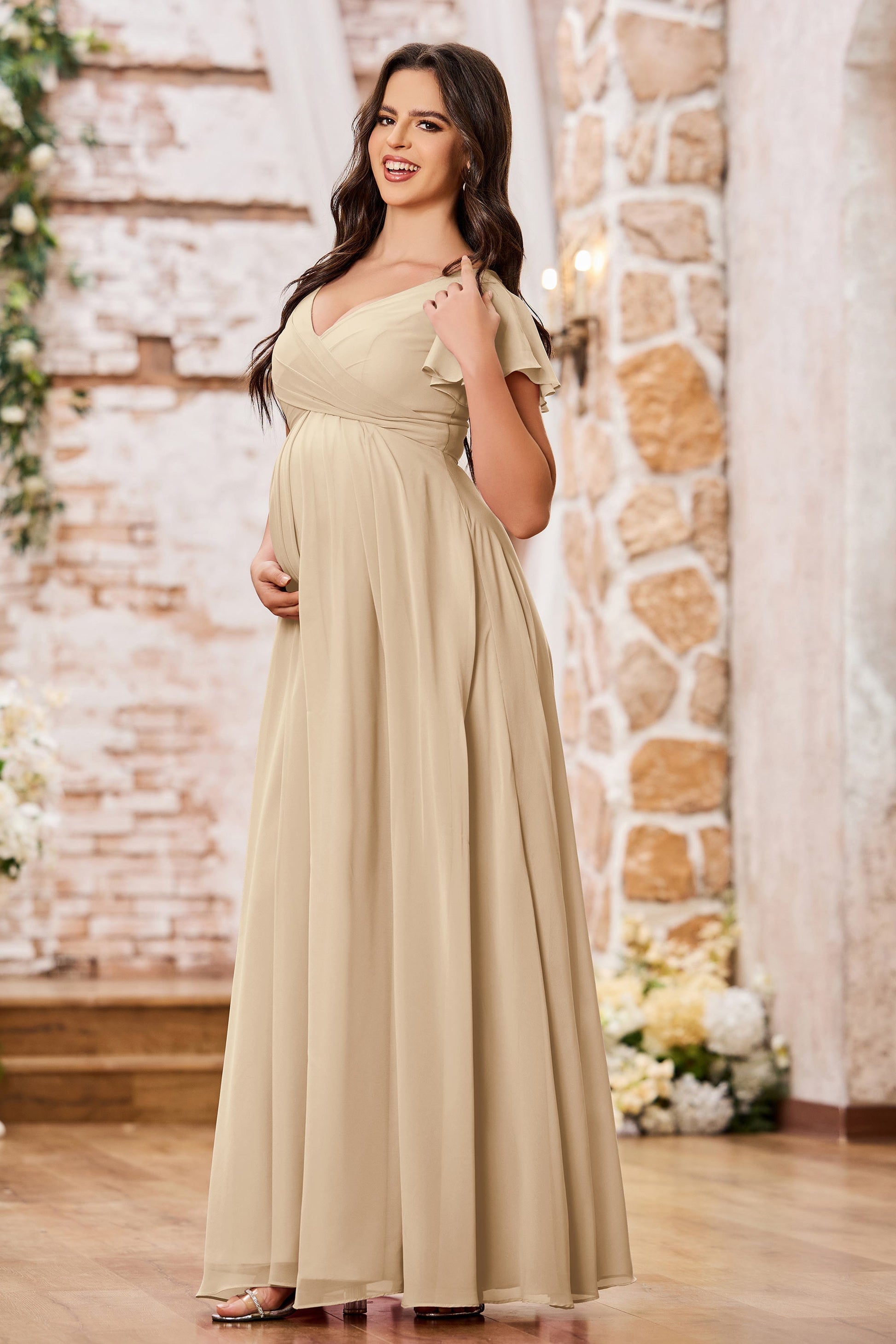 Duntery Flutter Sleeves Empire Chiffon Maternity Dresses, Taupe