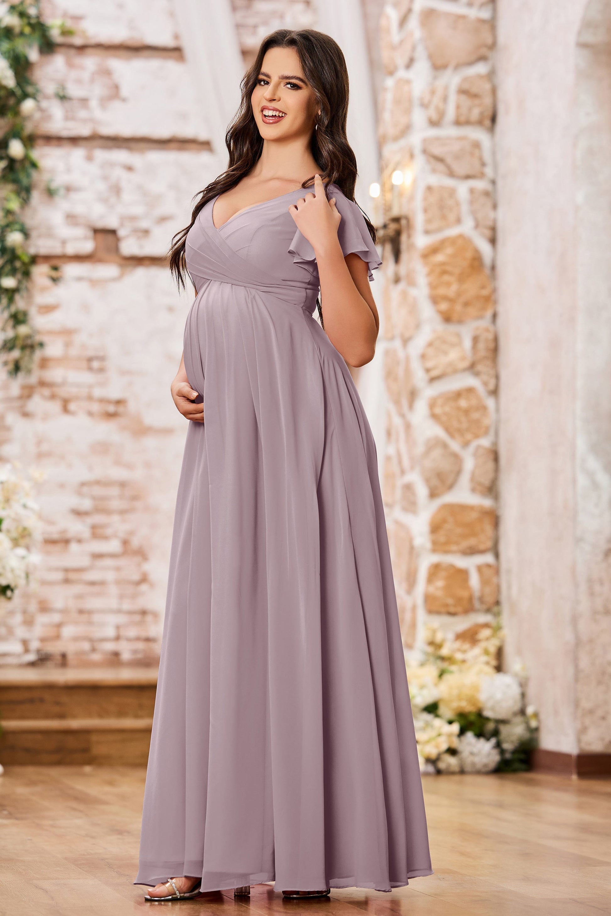 Duntery Flutter Sleeves Empire Chiffon Maternity Dresses, Dusty-Blue Duntery Flutter Sleeves Empire Chiffon Maternity Dresses, Dusty-Blue