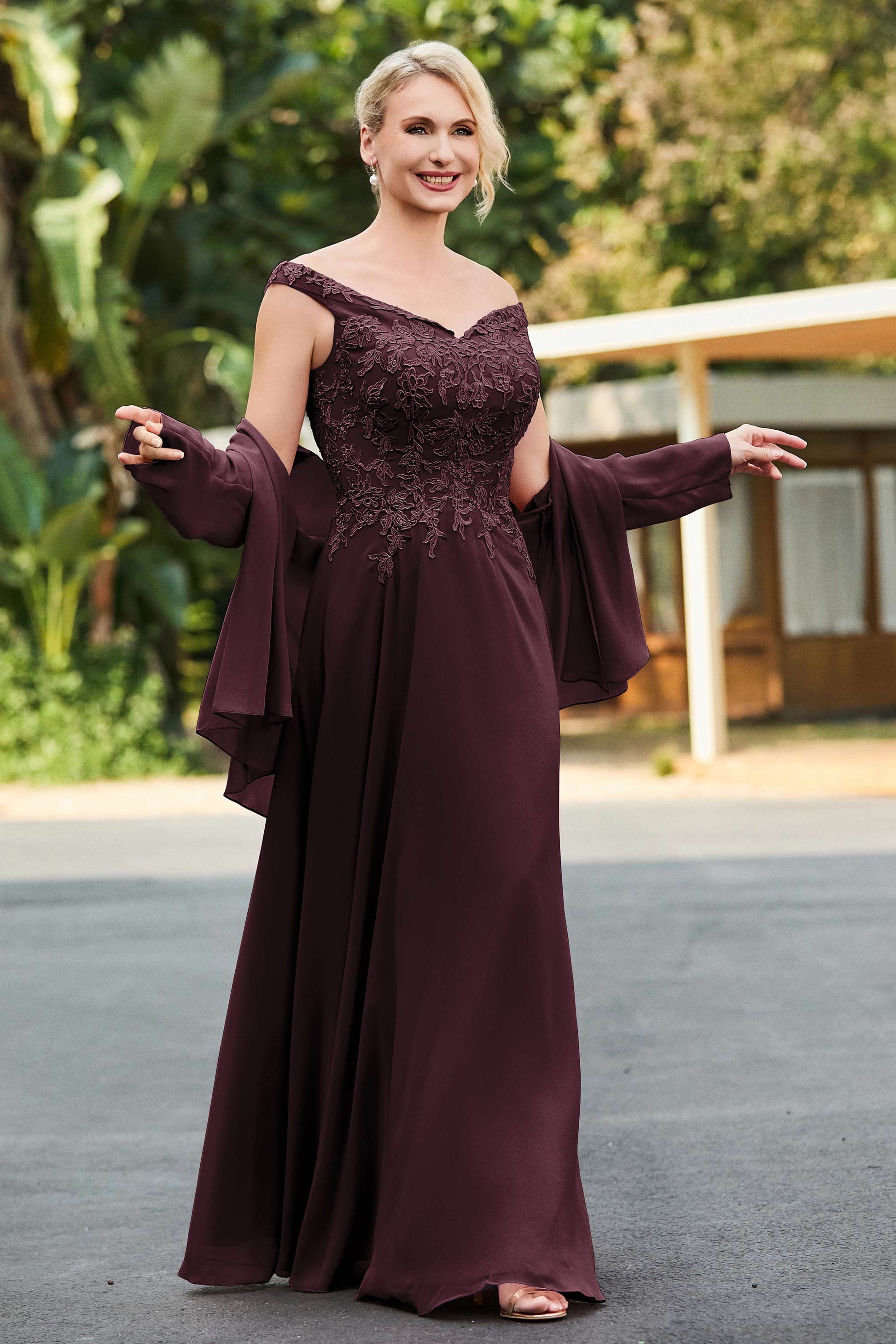 A-Line Applique Chiffon Dress With Long Sleeves Jacket DUNTERY UK A-Line Applique Chiffon Dress With Long Sleeves Jacket DUNTERY UK