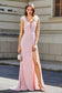 Feather Trimmed Straps Sequins Gown with High Slit