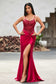 V-Neck Pleated High Slit Stretch Satin Gown