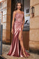 V-Neck Pleated High Slit Stretch Satin Gown