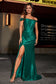 Off Shoulder Pleated Satin Gown with Slit