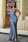 Sequins Applique Sheer Corset Sheath Slit Gown