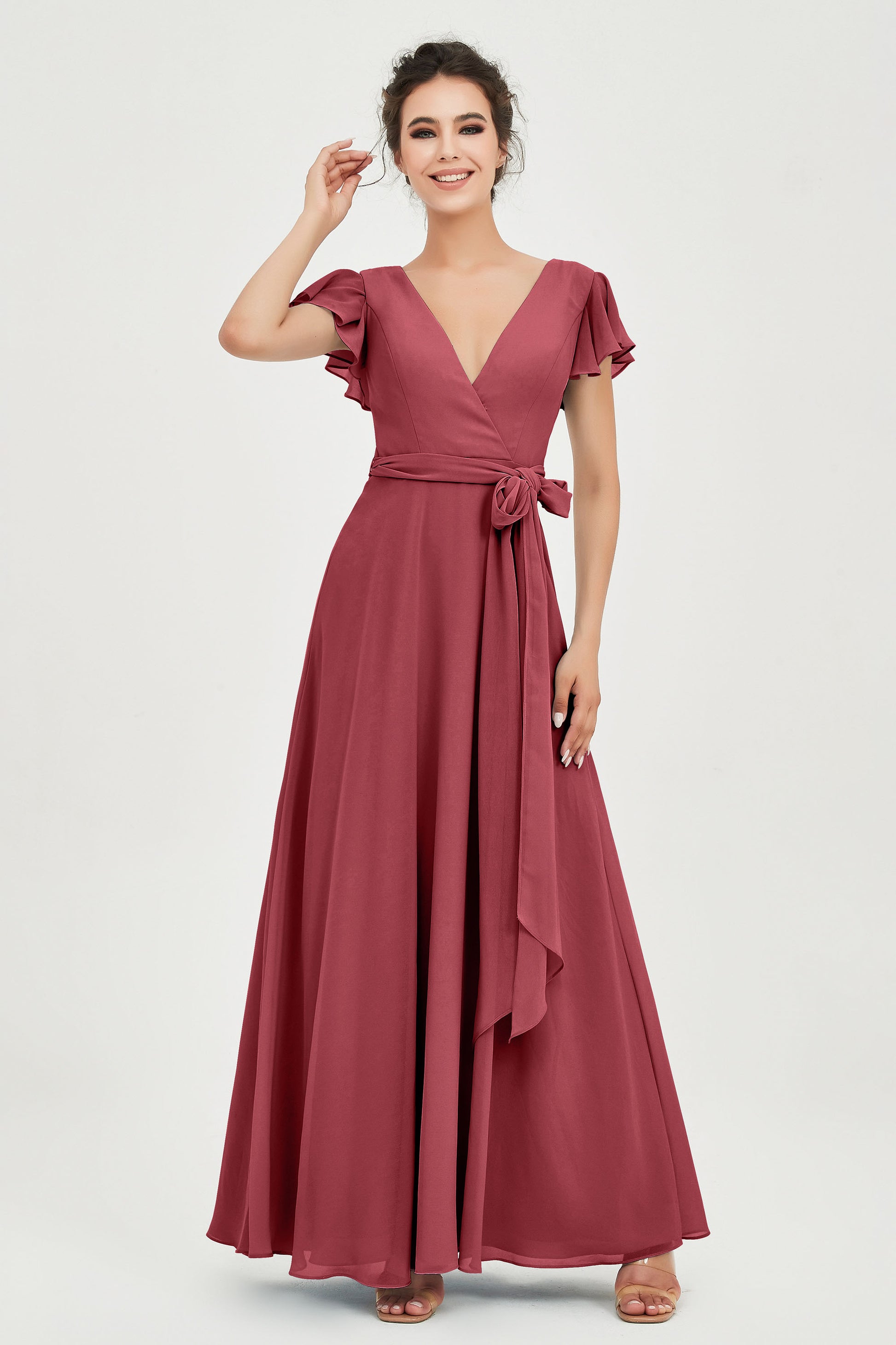 V Neck Ruffles Floor Length Chiffon Bridesmaid Dress - A-Line Formal Gown