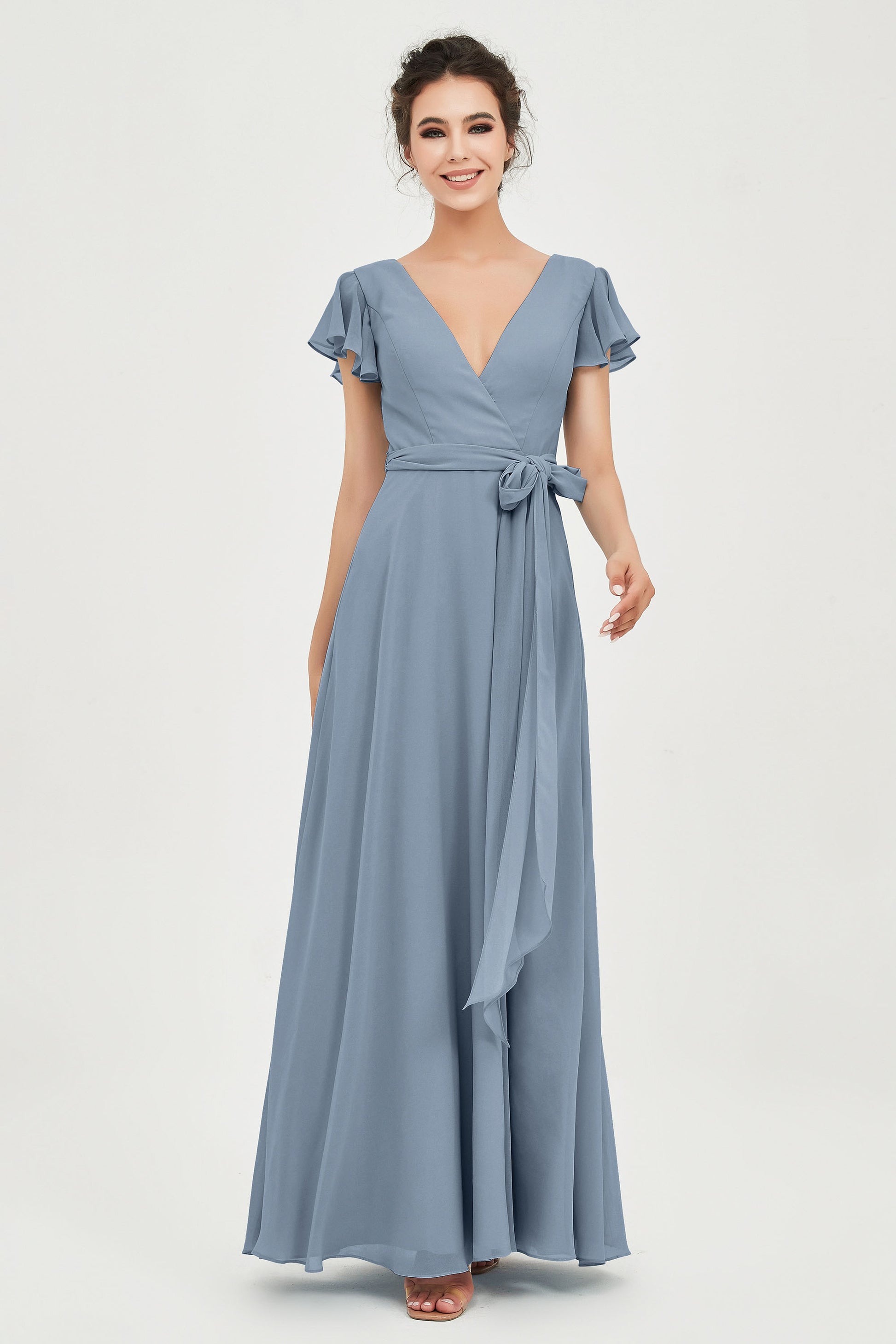 YMSHA Women's Bohemian V-Neck Bridesmaid Dress - High Low Pleated Chiffon Gown With Pockets, Dusty Blue