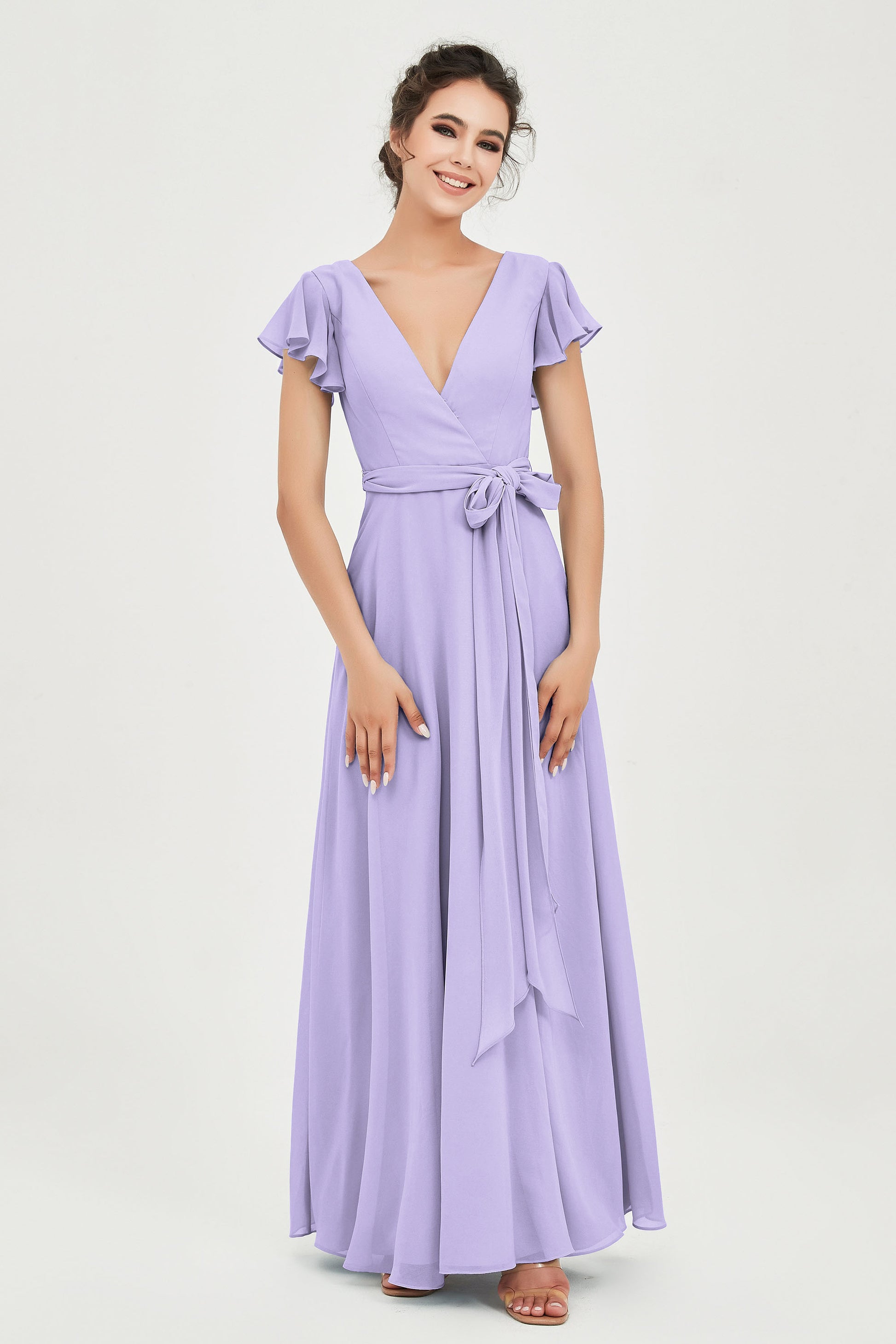 Popular Lilac Ruched Tulle V Neck Sleeveless Bridesmaid Gown - VQ