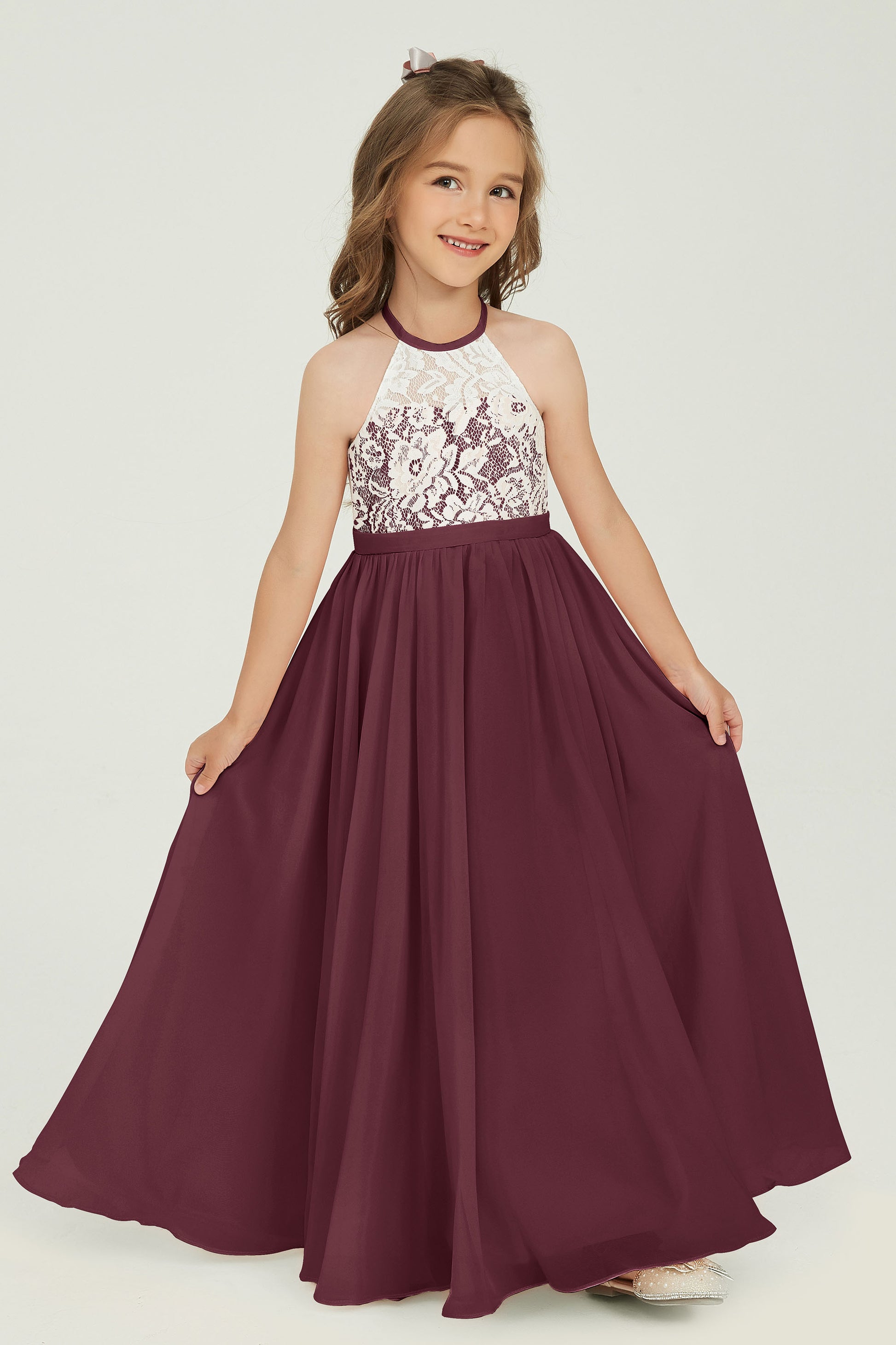 Halter Lace Top A-Line Chiffon Long Junior Bridesmaid Dress DUNTERY UK Halter Lace Top A-Line Chiffon Long Junior Bridesmaid Dress DUNTERY UK