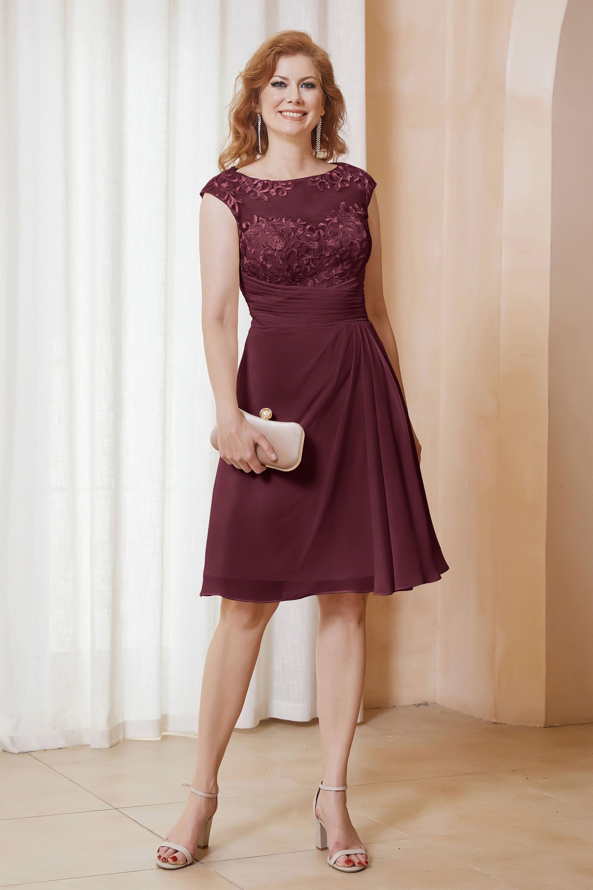 Duntery Mother of the Bride Dress Cap Sleeves Pleated A-Line Chiffon Knee-Length Dress, Rust