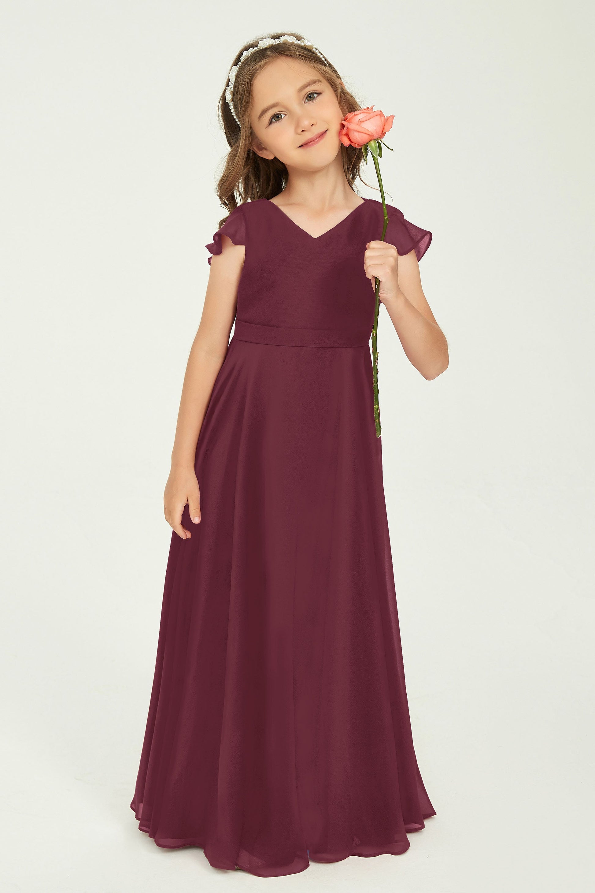 A Line V-Neck Long Chiffon Junior Bridesmaid Dress Flutter Sleeves DUNTERY UK A Line V-Neck Long Chiffon Junior Bridesmaid Dress Flutter Sleeves DUNTERY UK