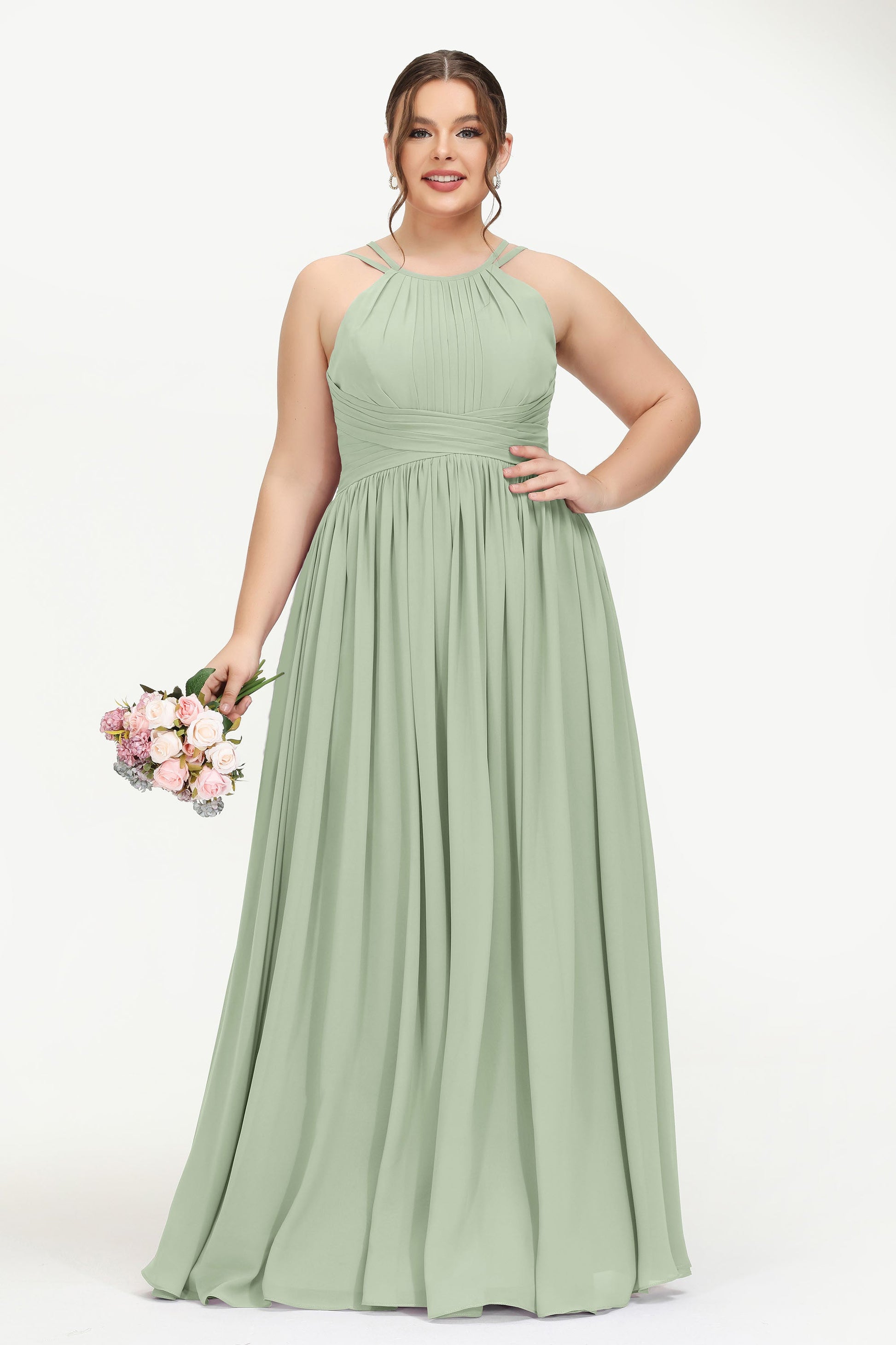 Halter Pleated Empire Waist Long Elegant Plus Size Dress – DUNTERY UK