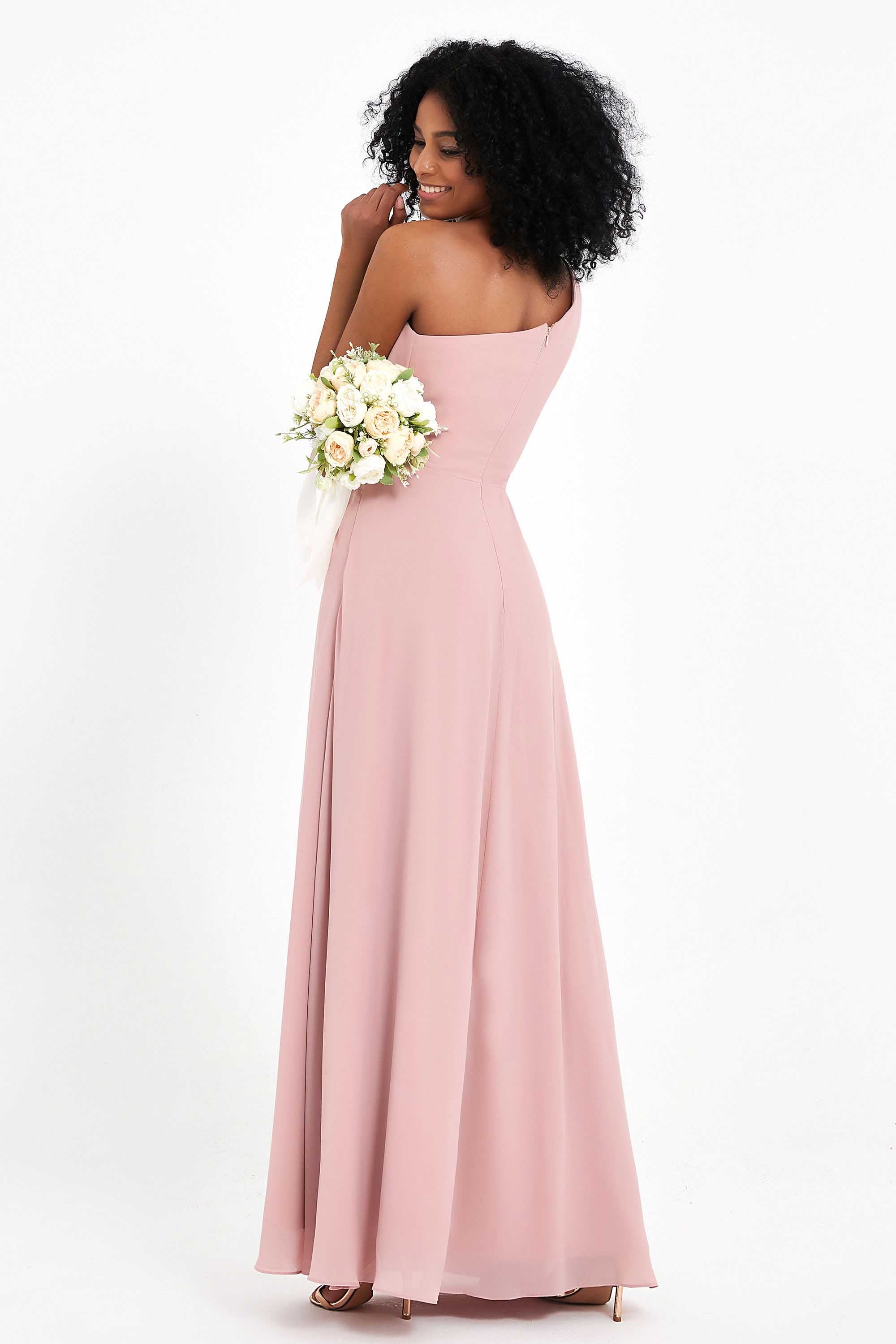 One Shoulder Pleated Sheath Long Gown With Slit Taupe