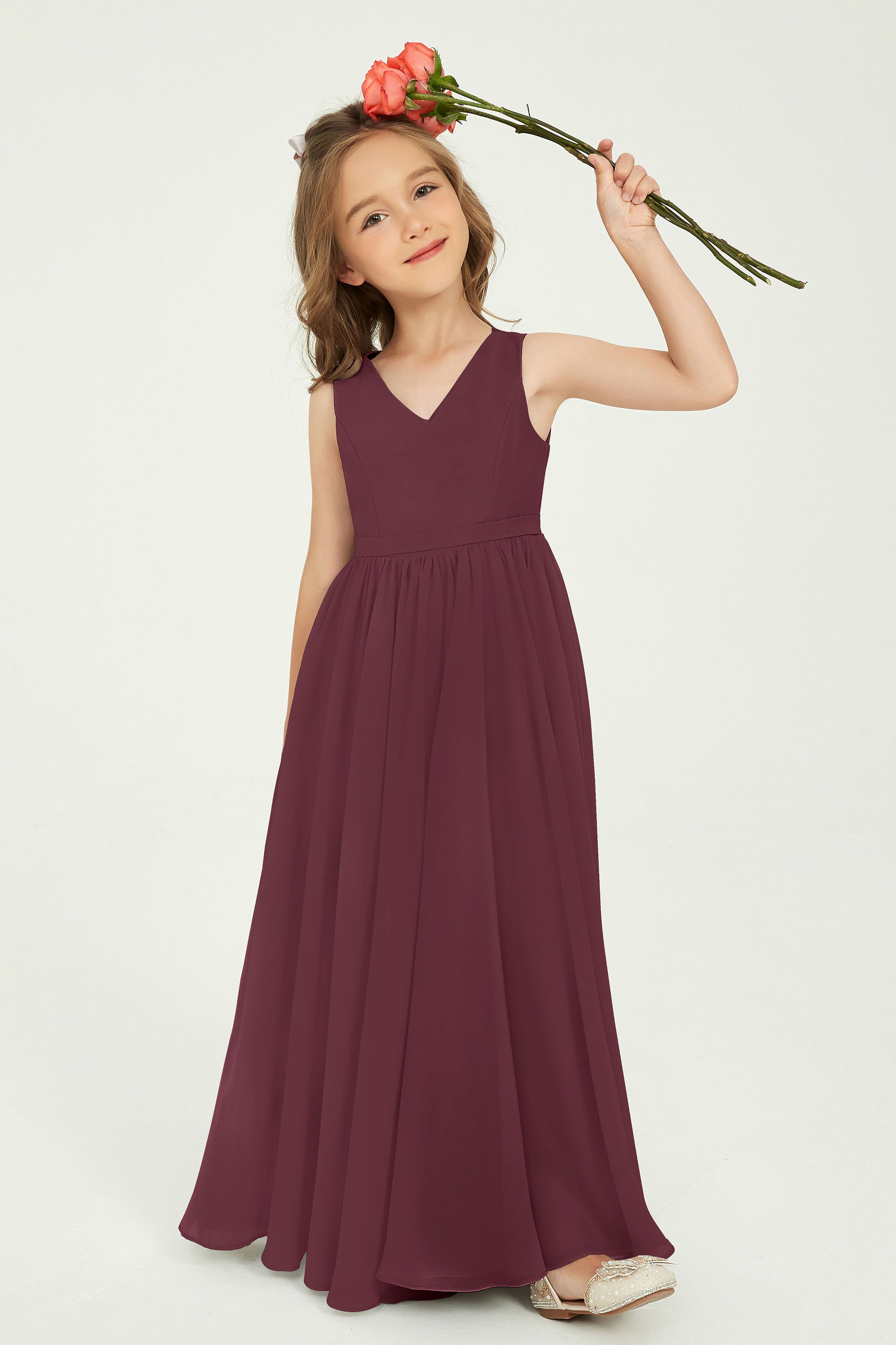 Duntery Stylish A-Line Floor Length Junior Bridesmaid Dress V-Neck Burgundy