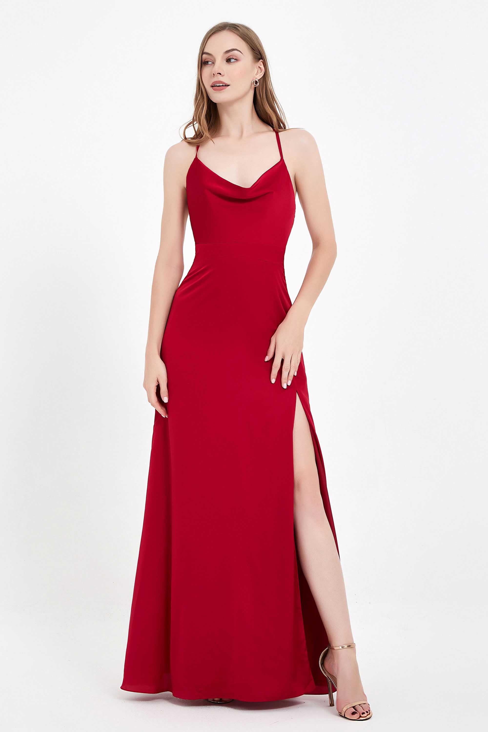 Cowl Neck Lace-up Back Slit Satin Maxi Dress – DUNTERY UK
