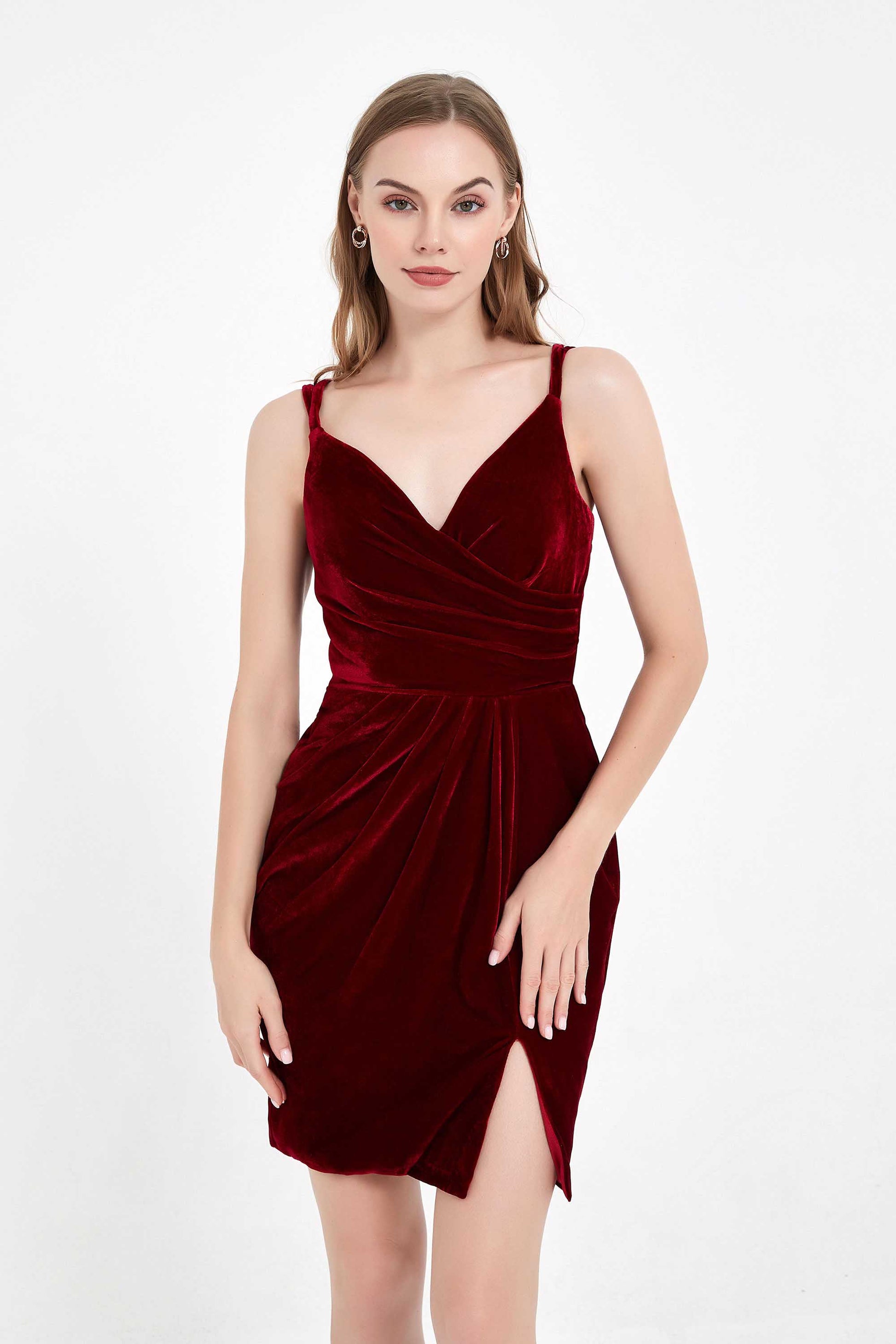 Burgundy Velvet Homecoming Dress V Neck Pleated Short Velvet Dress DUNTERY UK Burgundy Velvet Homecoming Dress V Neck Pleated Short Velvet Dress DUNTERY UK