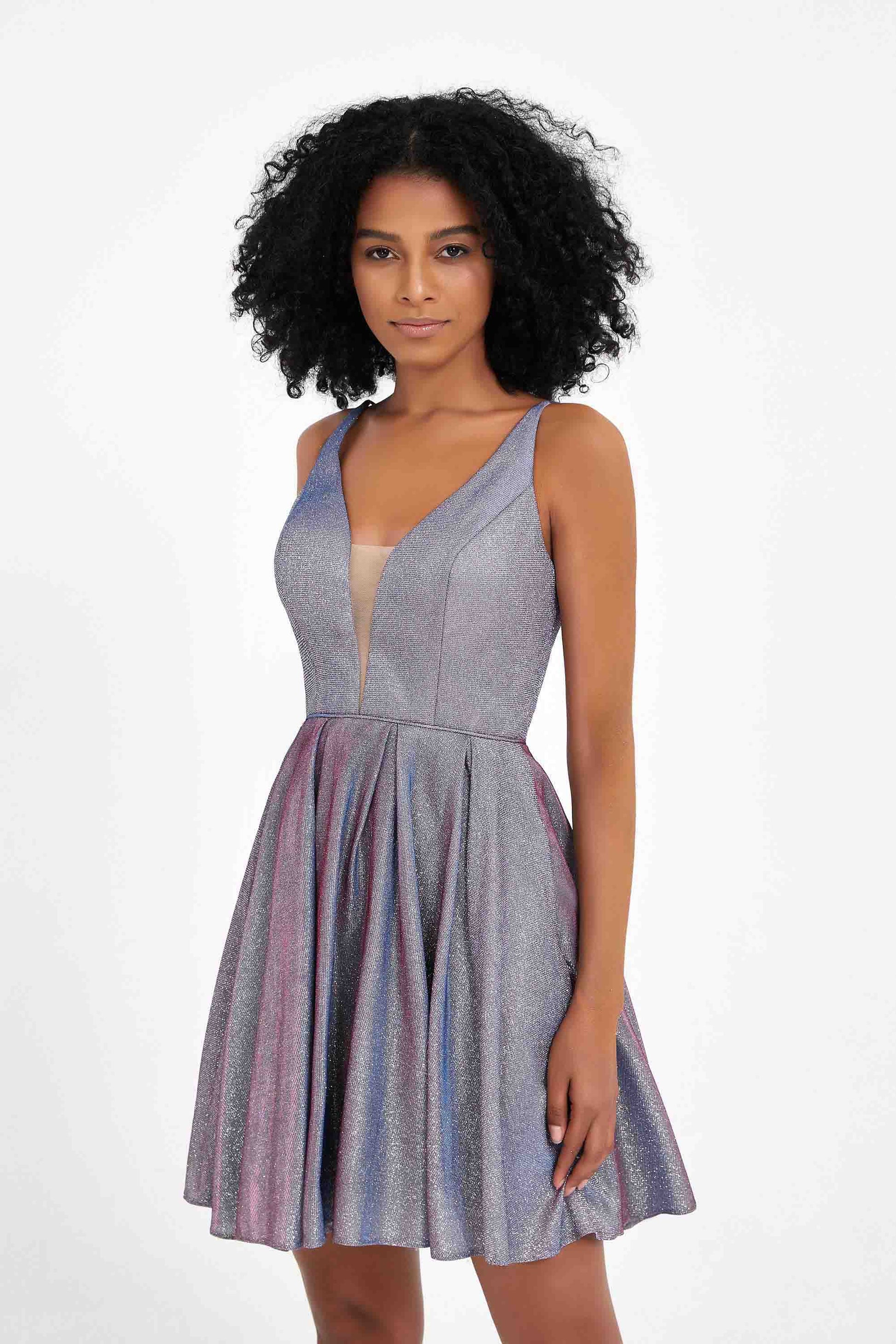 Deep V-neck Glitter Iridescent Short Prom Dress DUNTERY UK Deep V-neck Glitter Iridescent Short Prom Dress DUNTERY UK