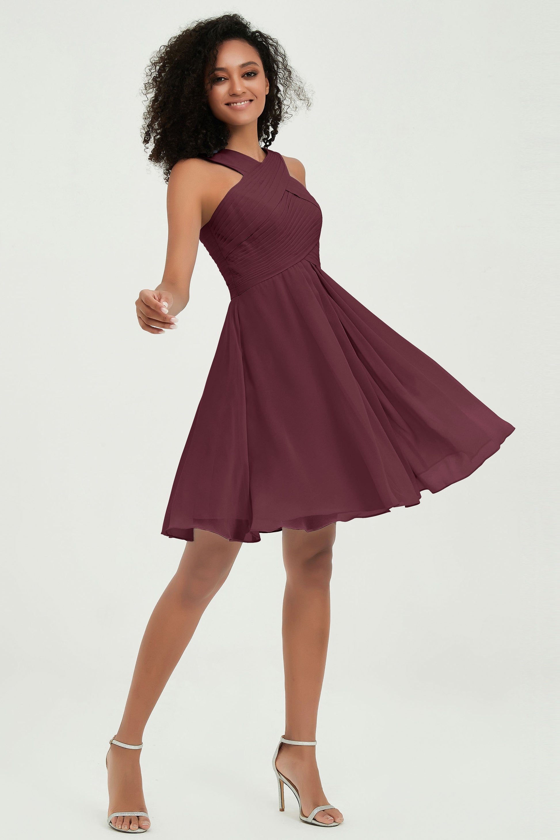Knee Length Halter Grecian Neckline Bridesmaid Dress Chiffon DUNTERY UK Knee Length Halter Grecian Neckline Bridesmaid Dress Chiffon DUNTERY UK