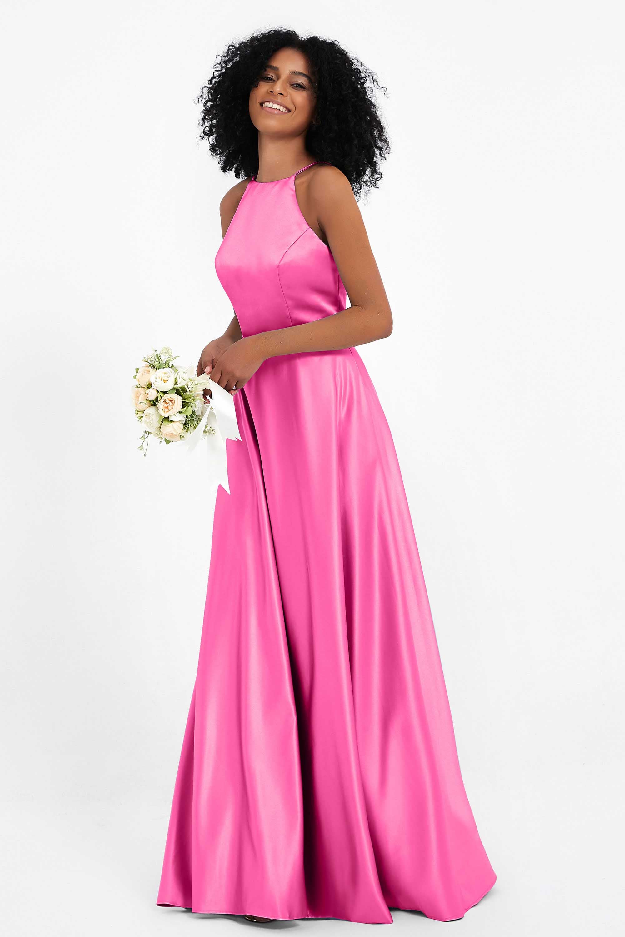 Satin A-Line/Princess Halter Floor-Length Formal Dresses with Pleated