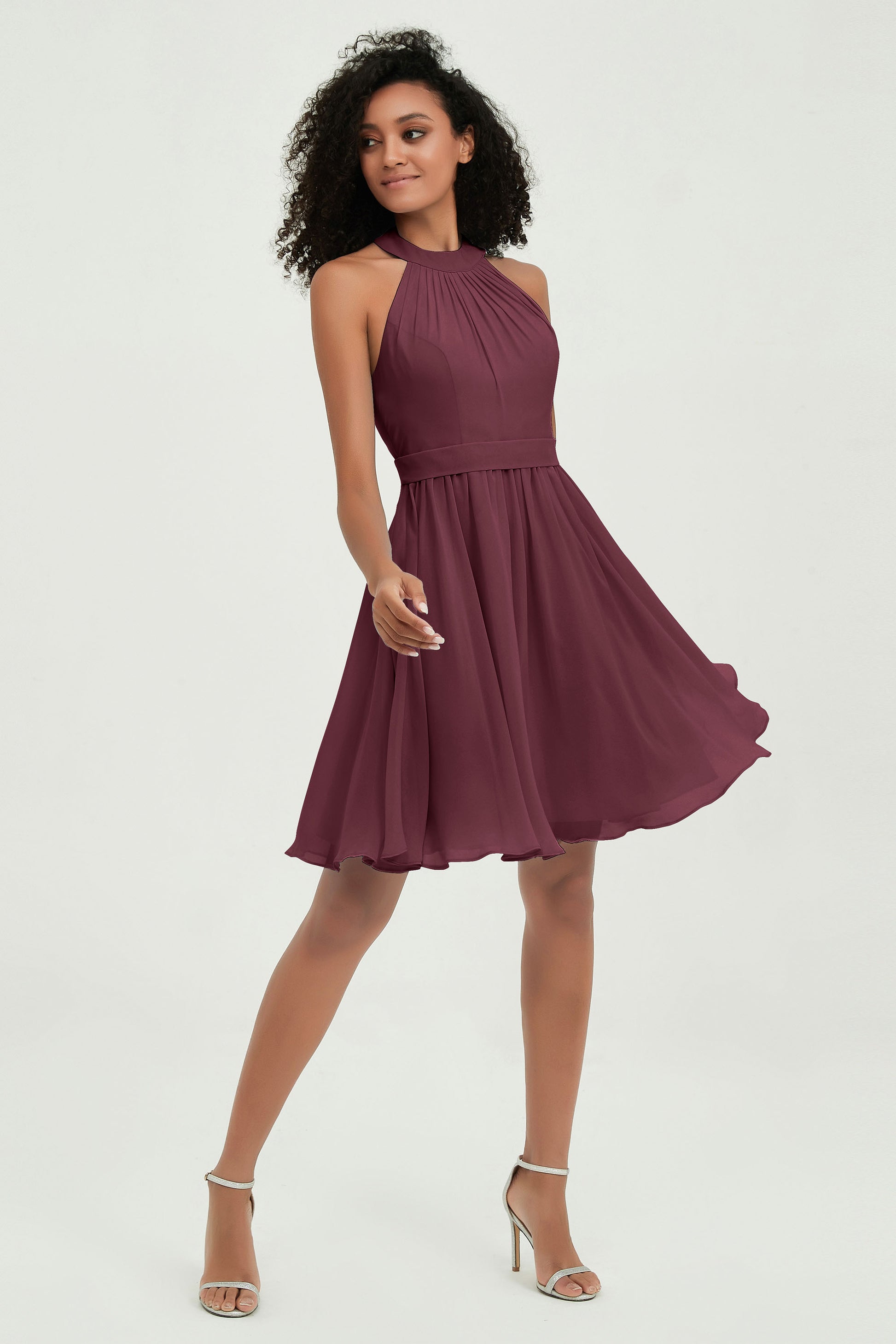 Short Knee Length Halter Neck Bridesmaid Dress with Ribbon