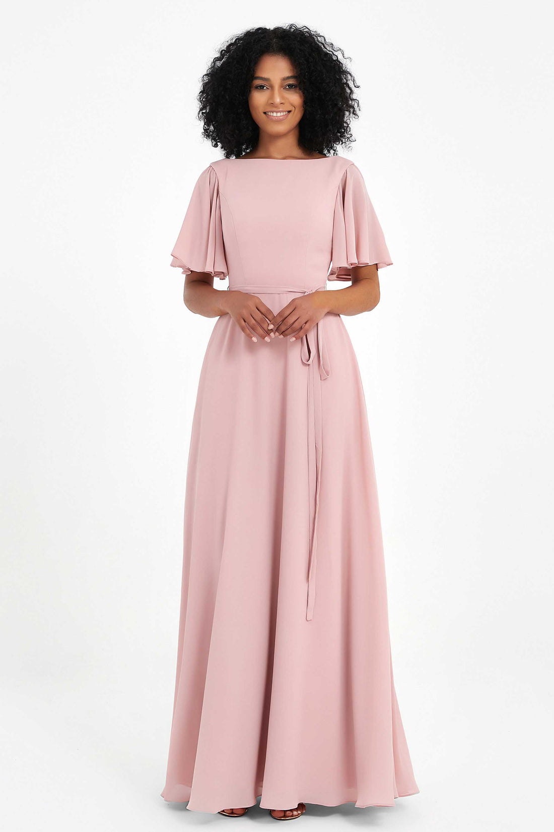 Halter Maxi Chiffon Dress For BRIDESMAIDS Flamingo